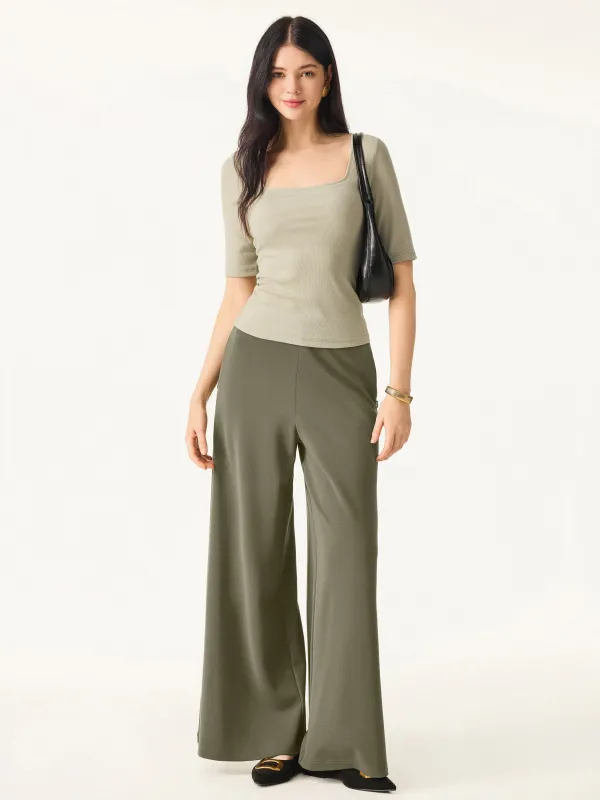 Wrinkle-Resistant Mid Rise Wide Leg Pull-on Pants with Pockets sold by ogl move