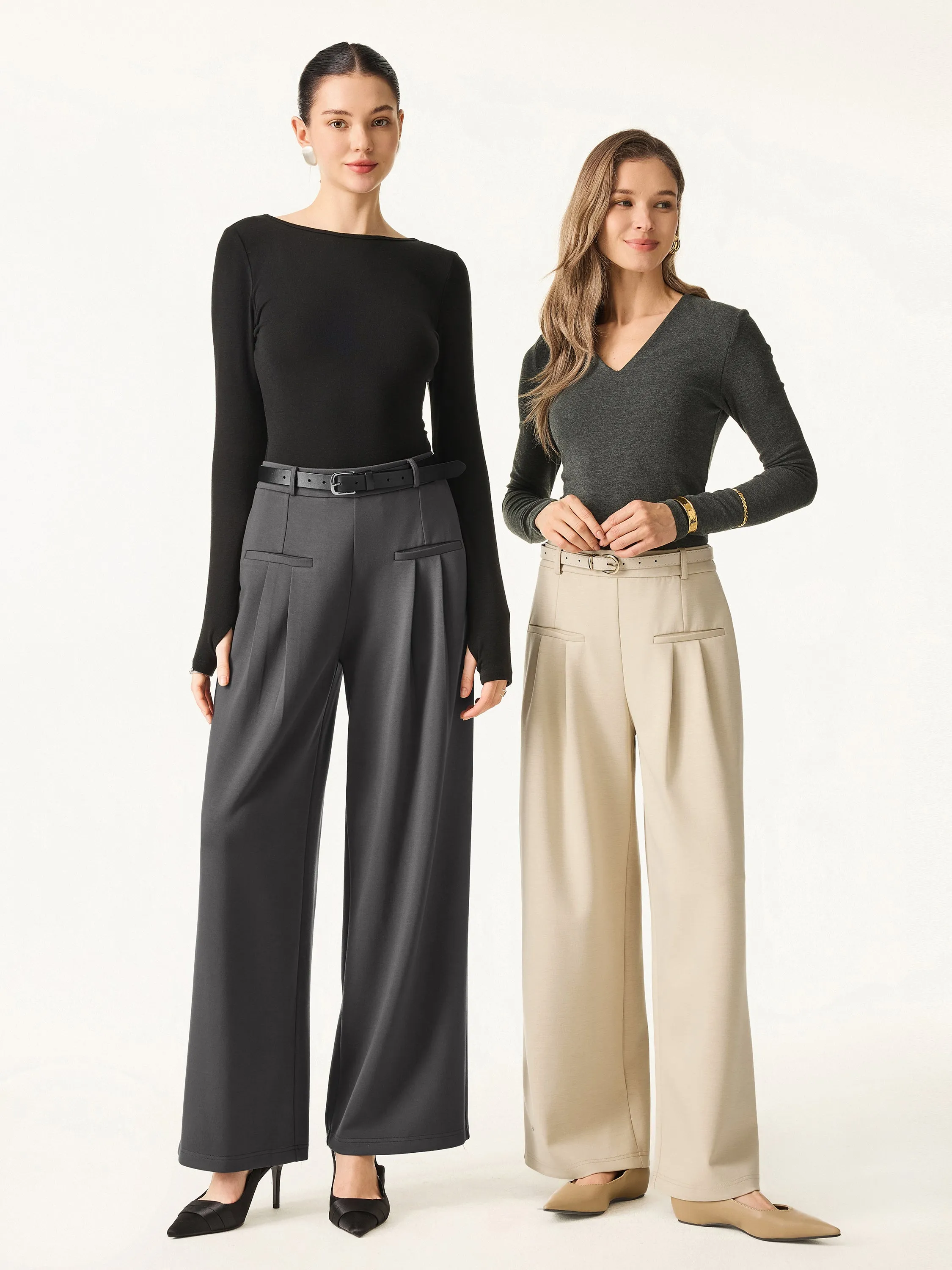 Bamboo Spacer Mid Rise Wide Leg Pull-on Trousers with Pockets sold by ogl move product image thumbnail 2