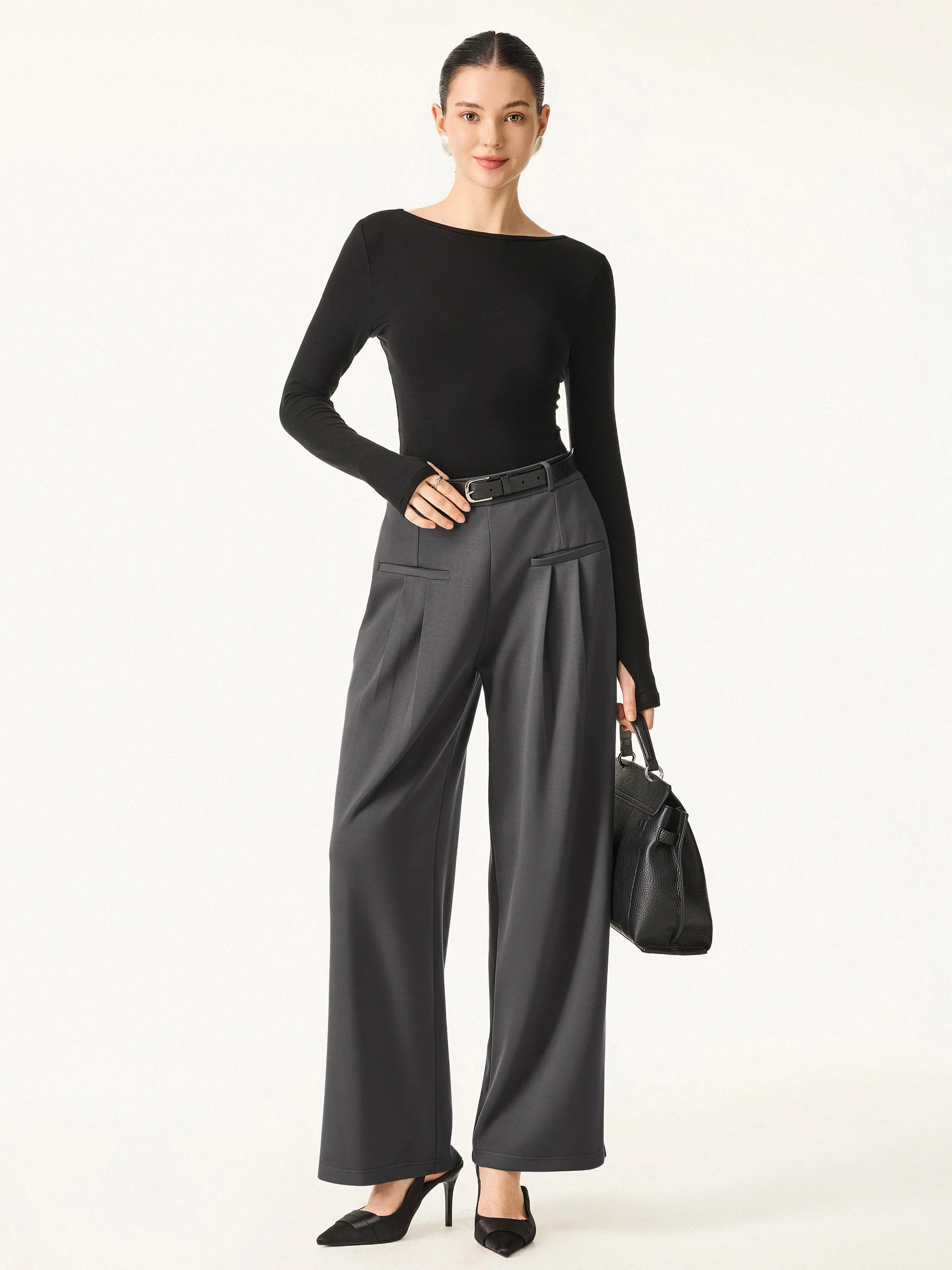Bamboo Spacer Mid Rise Wide Leg Pull-on Trousers with Pockets sold by ogl move