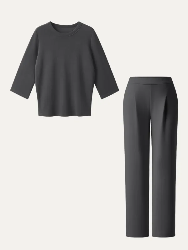 2Pcs Set Crewneck 3/4 Sleeve Top & Mid Rise Straight Leg Pull-on Trousers with Pockets sold by ogl move