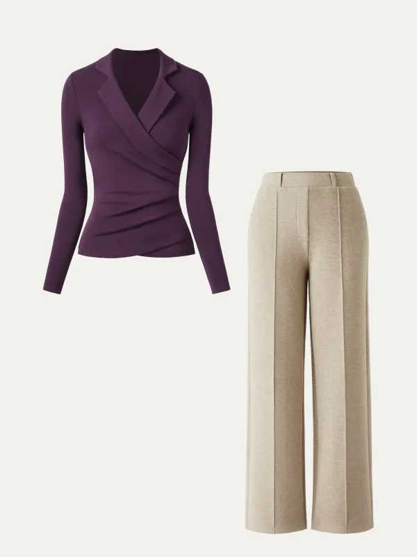 2Pcs Set Collared Surplice Top & High Waisted Straight Leg Pull On Pant sold by ogl move