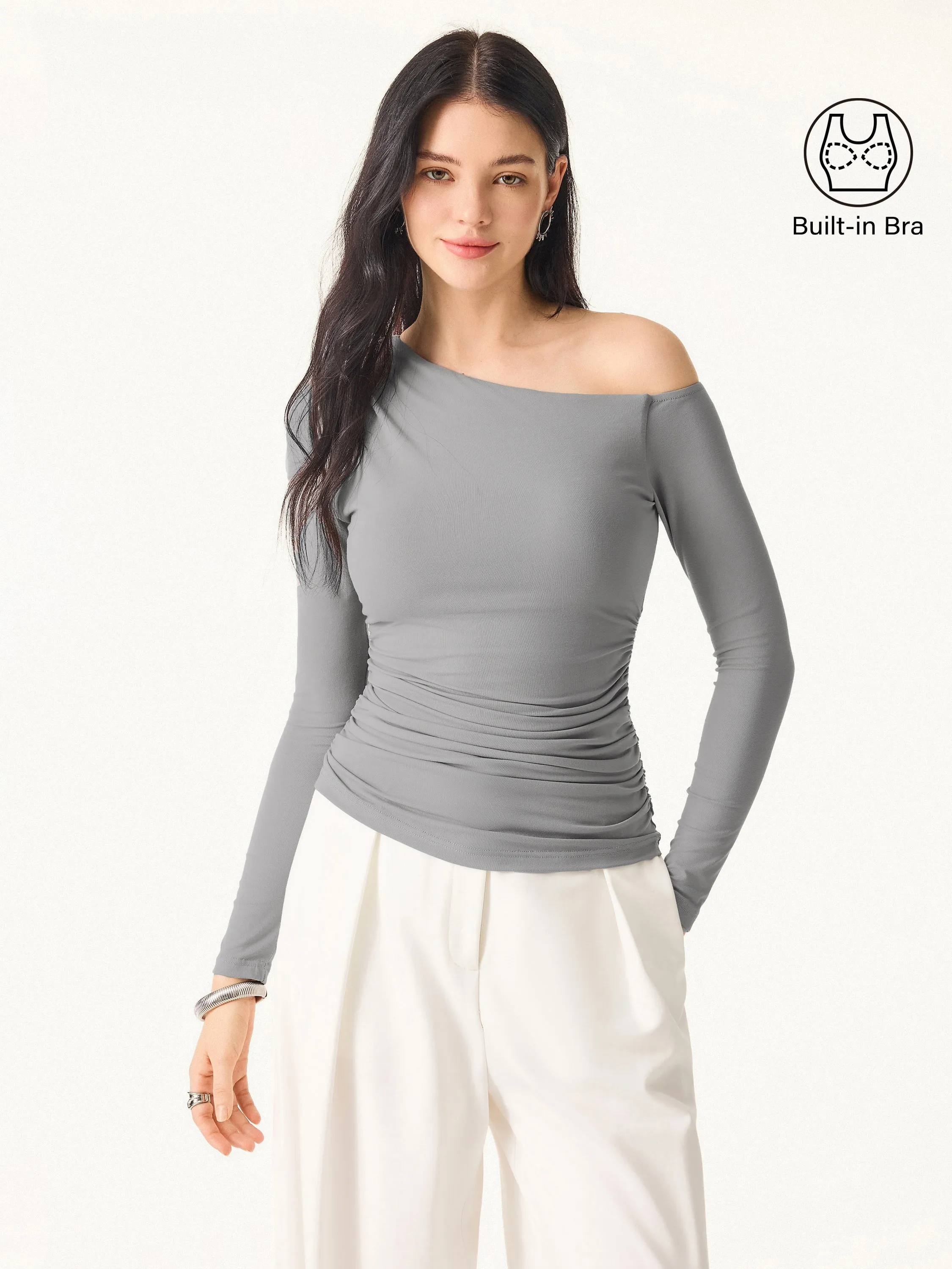 Asymmetrical Shoulders Long Sleeve Gathered Brami Top sold by OGLmove product image thumbnail 4