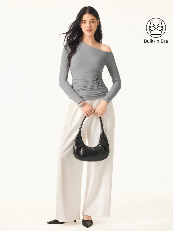 Asymmetrical Shoulders Long Sleeve Gathered Brami Top sold by OGLmove
