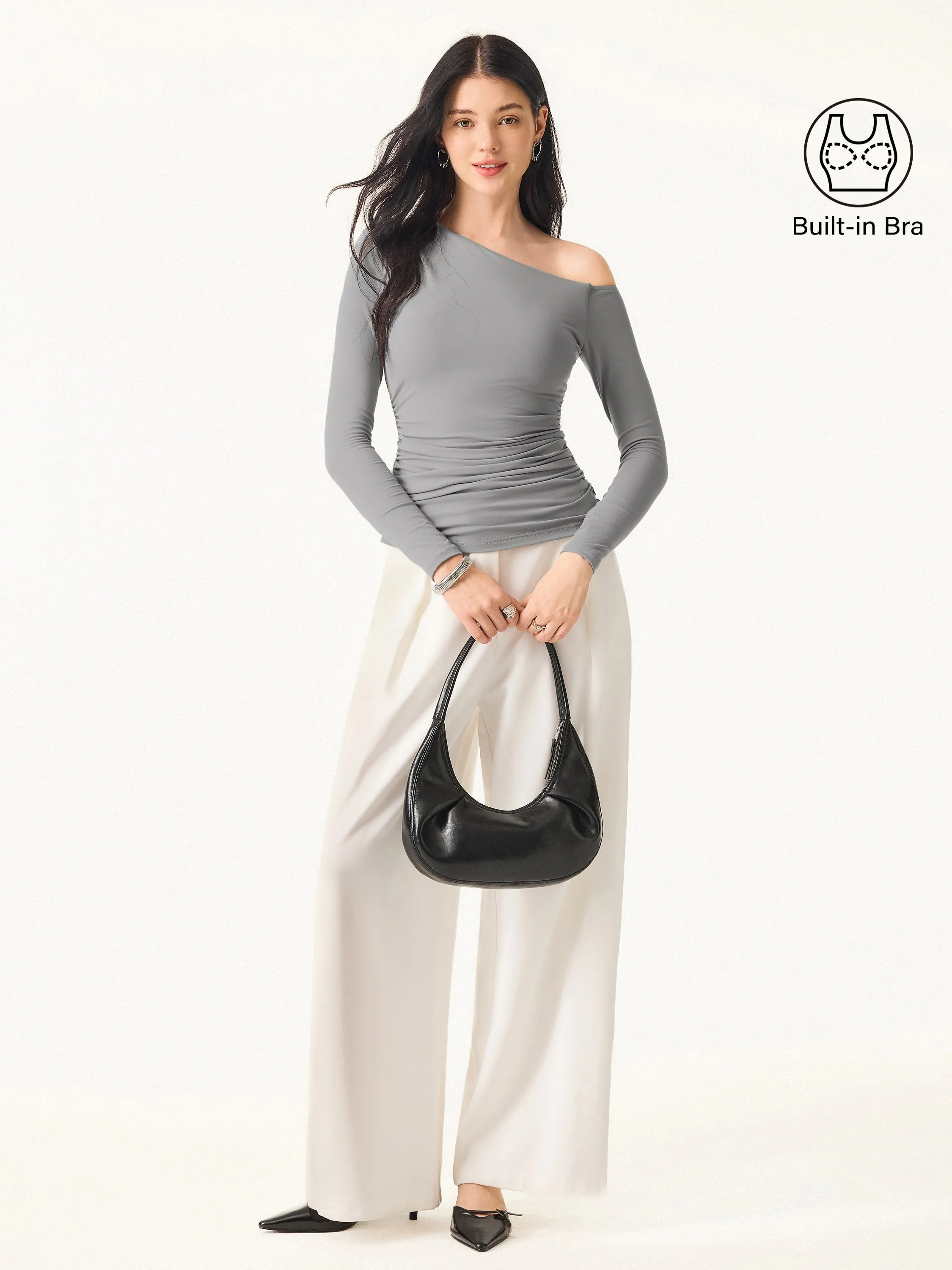 Asymmetrical Shoulders Long Sleeve Gathered Brami Top sold by OGLmove