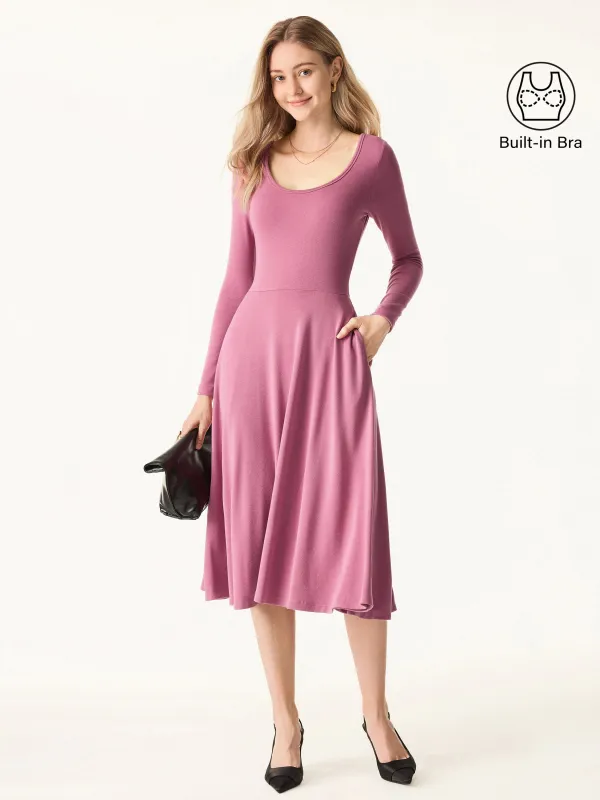 Essential Scoop Neck Long Sleeve Midi Brami Dress with Pockets sold by ogl move