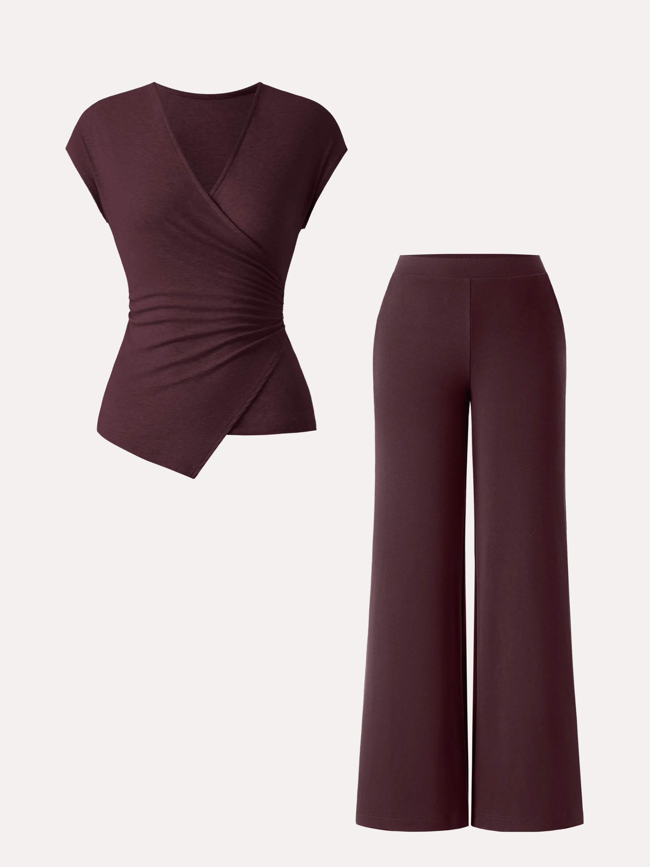 2Pcs Set Lyocell Wool Surplice Cap Sleeve Top & Mid Rise Wide Leg Pants with Pockets sold by OGLmove product image thumbnail 5