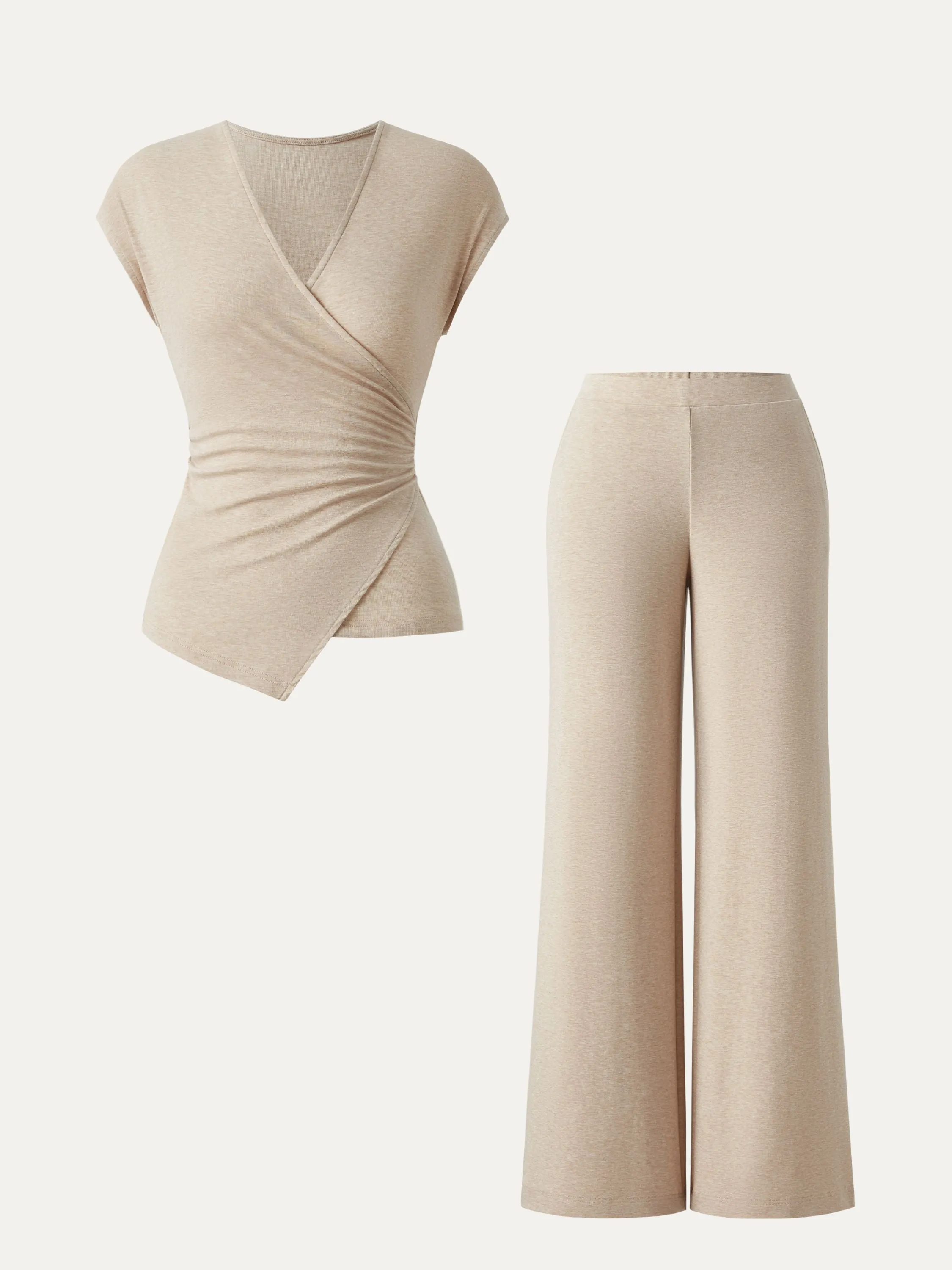 2Pcs Set Lyocell Wool Surplice Cap Sleeve Top & Mid Rise Wide Leg Pants with Pockets sold by OGLmove product image thumbnail 2