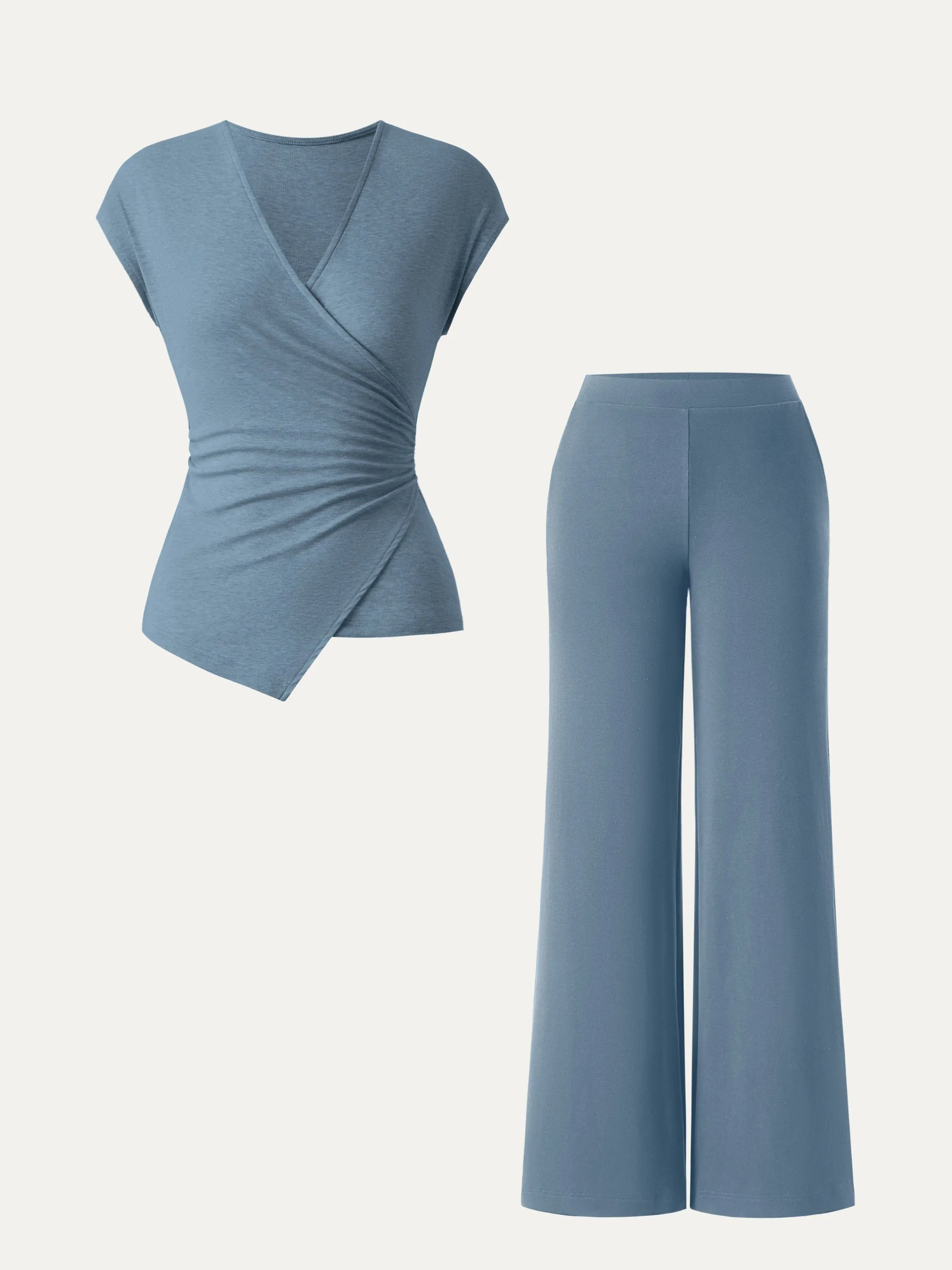 2Pcs Set Lyocell Wool Surplice Cap Sleeve Top & Mid Rise Wide Leg Pants with Pockets sold by OGLmove product image thumbnail 4