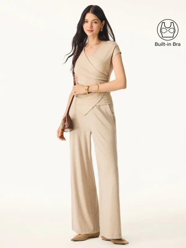 2Pcs Set Lyocell Wool Surplice Cap Sleeve Top & Mid Rise Wide Leg Pants with Pockets sold by ogl move