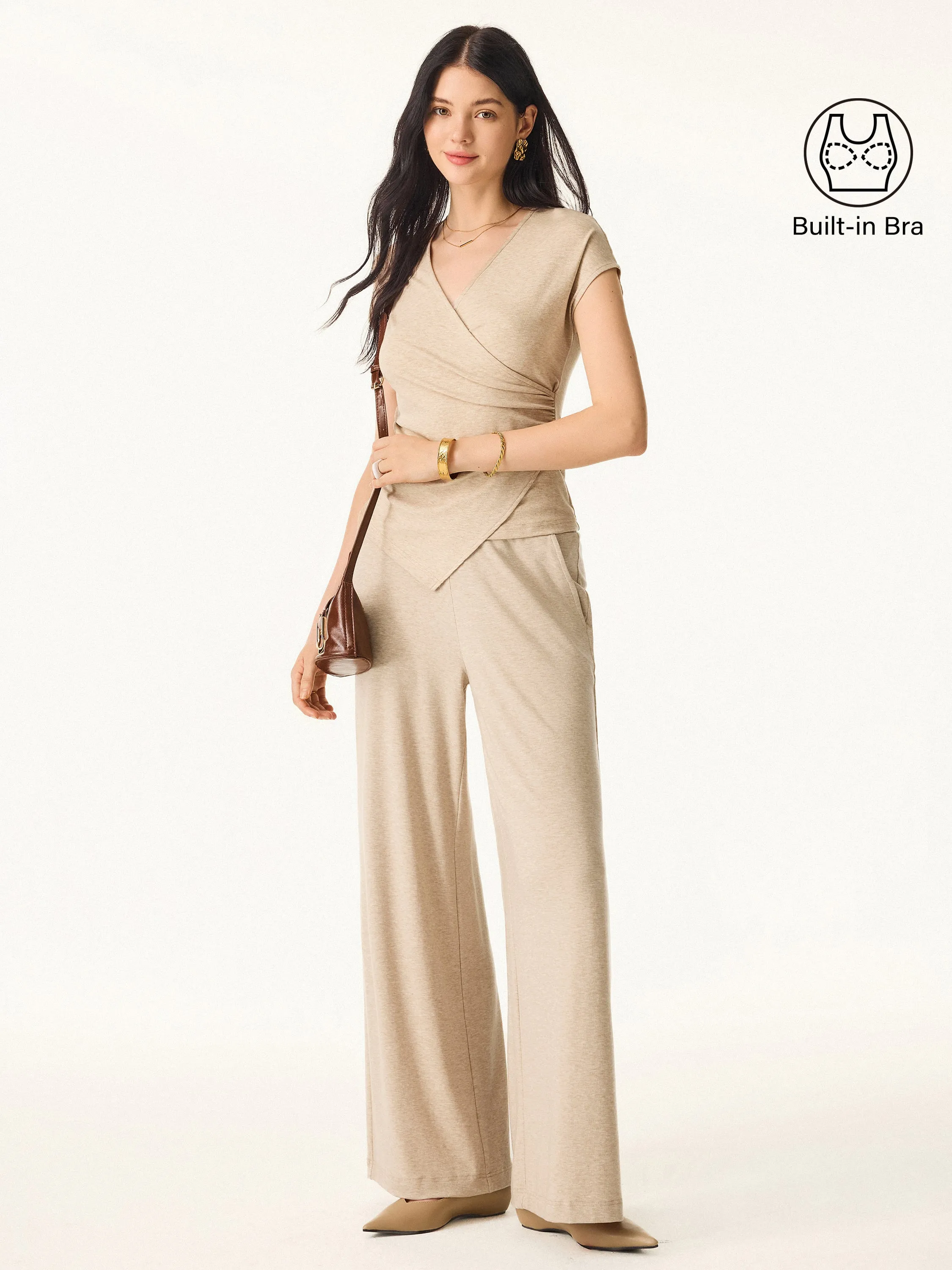 2Pcs Set Lyocell Wool Surplice Cap Sleeve Top & Mid Rise Wide Leg Pants with Pockets sold by OGLmove