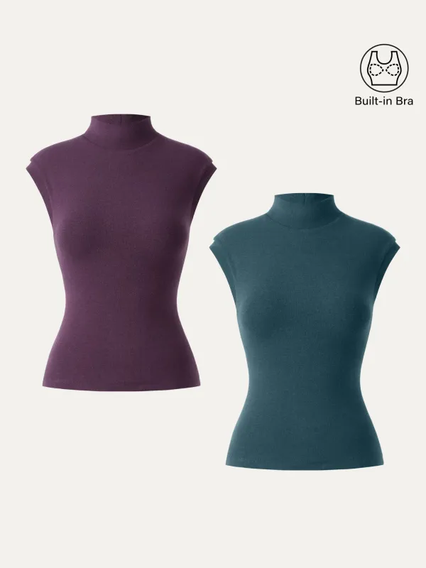 2Pcs Set Stretch Cotton Mock Neck Cap Sleeve Brami Top made by ogl move