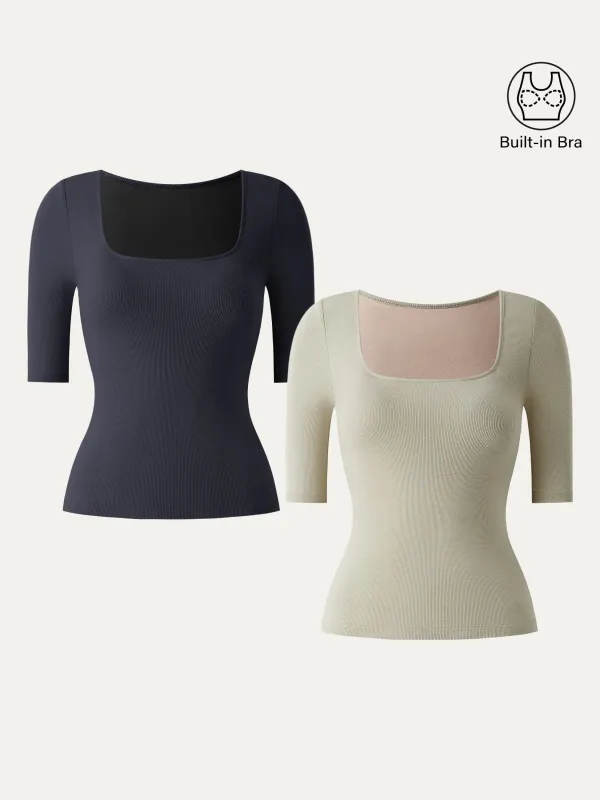 2Pcs Set Stretch Cotton Square Neck Elbow Length Sleeve Brami sold by ogl move