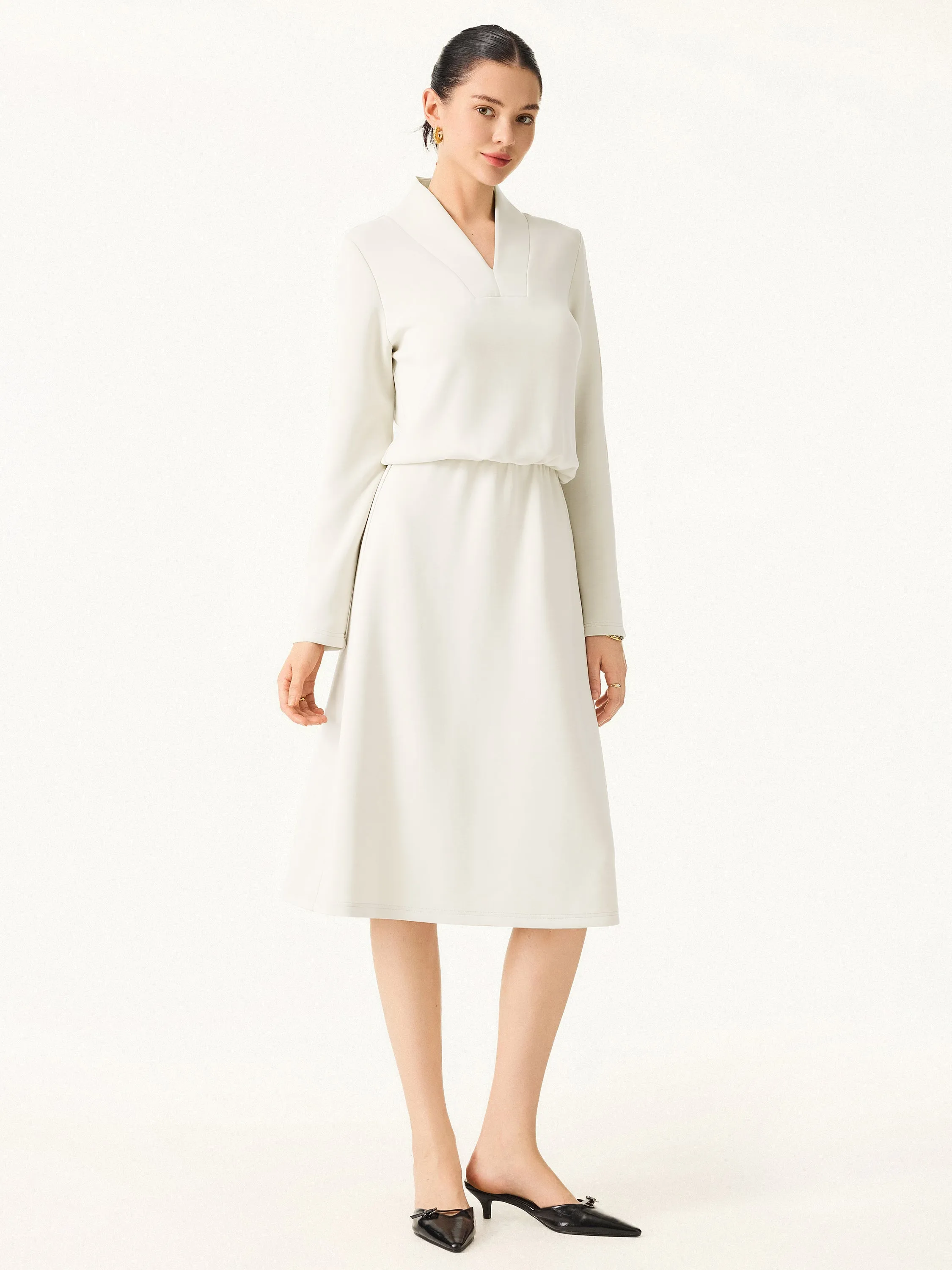 Elevated V-neck Long Sleeve Cinched Midi Dress sold by ogl move product image thumbnail 4
