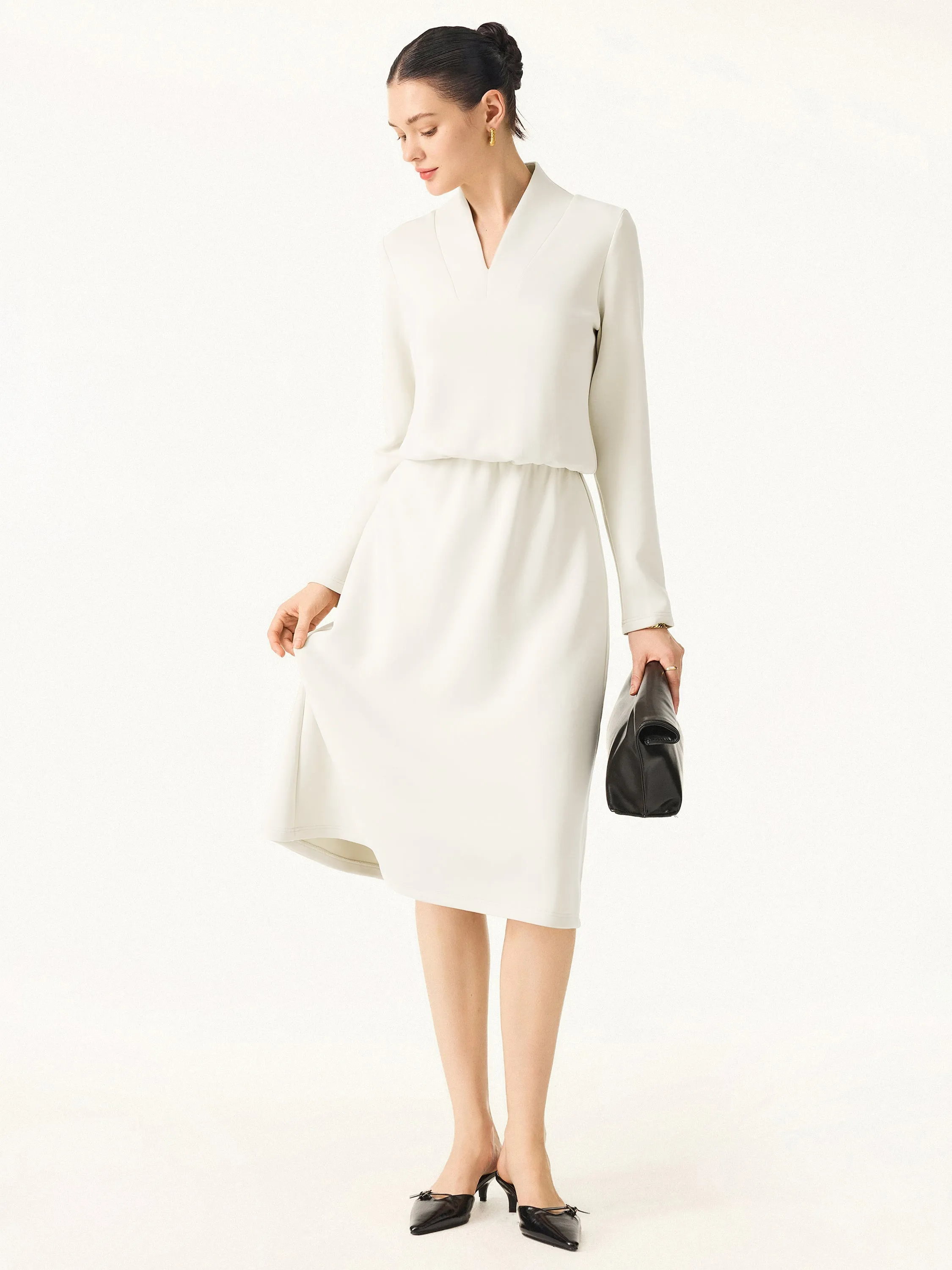 Elevated V-neck Long Sleeve Cinched Midi Dress sold by ogl move