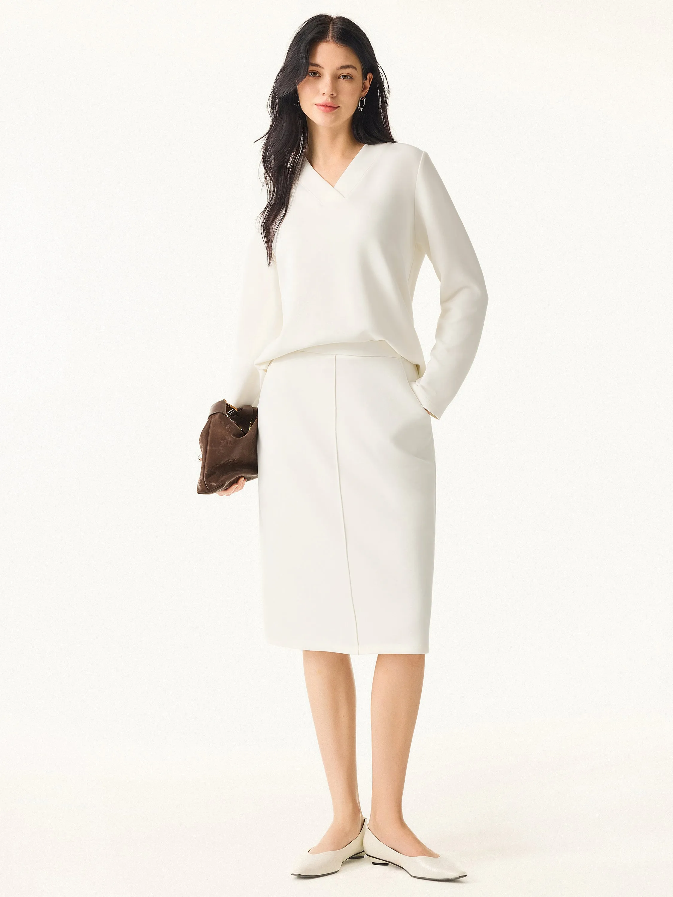 2Pcs Set Modal Spacer V-neck Pullover Shirt & A-Line Midi Skirt with Pockets sold by ogl move