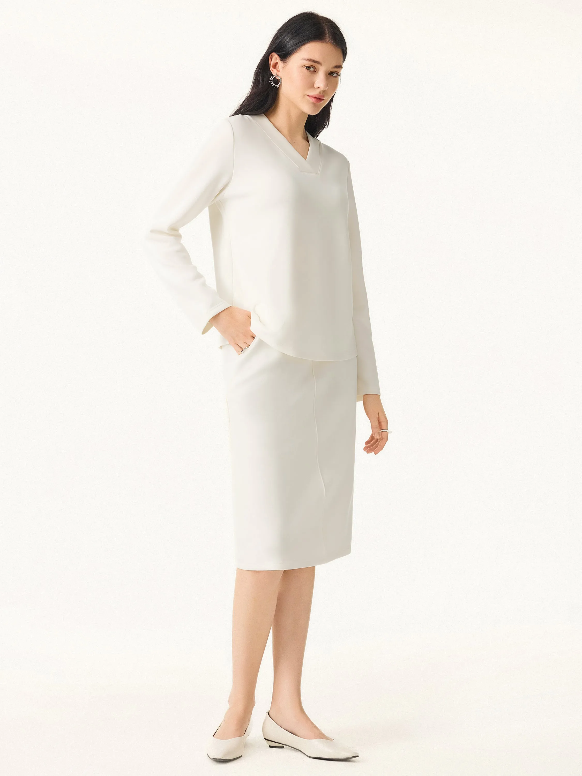 2Pcs Set Modal Spacer V-neck Pullover Shirt & A-Line Midi Skirt with Pockets sold by ogl move product image thumbnail 3