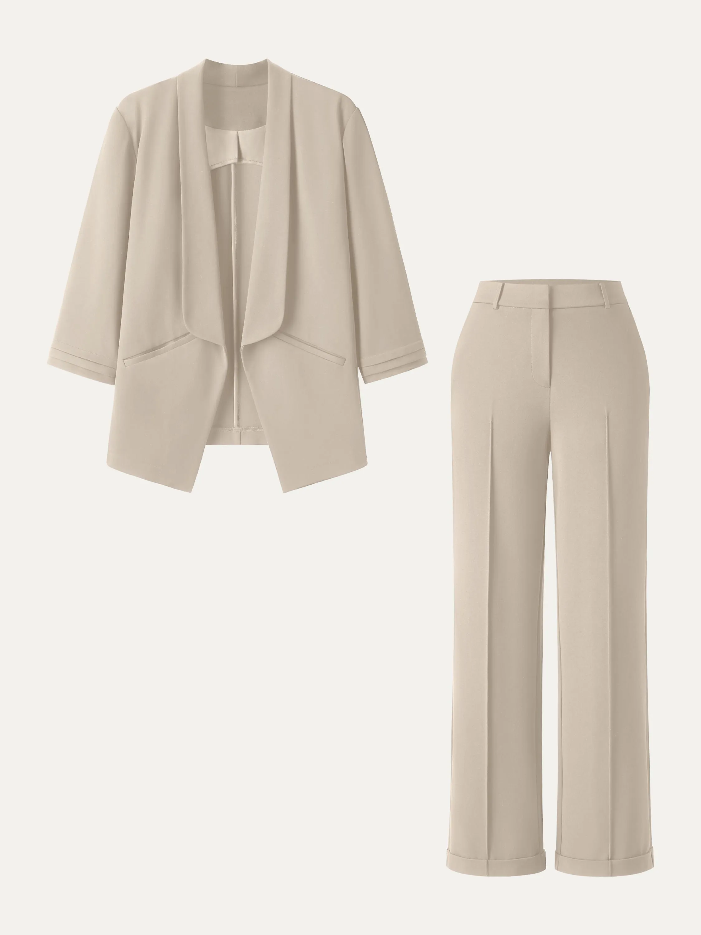 2Pcs Set Shawl Lapel 3/4 Sleeve Blazer with Pockets & High Rise Straight Leg Trousers sold by ogl move product image thumbnail 4