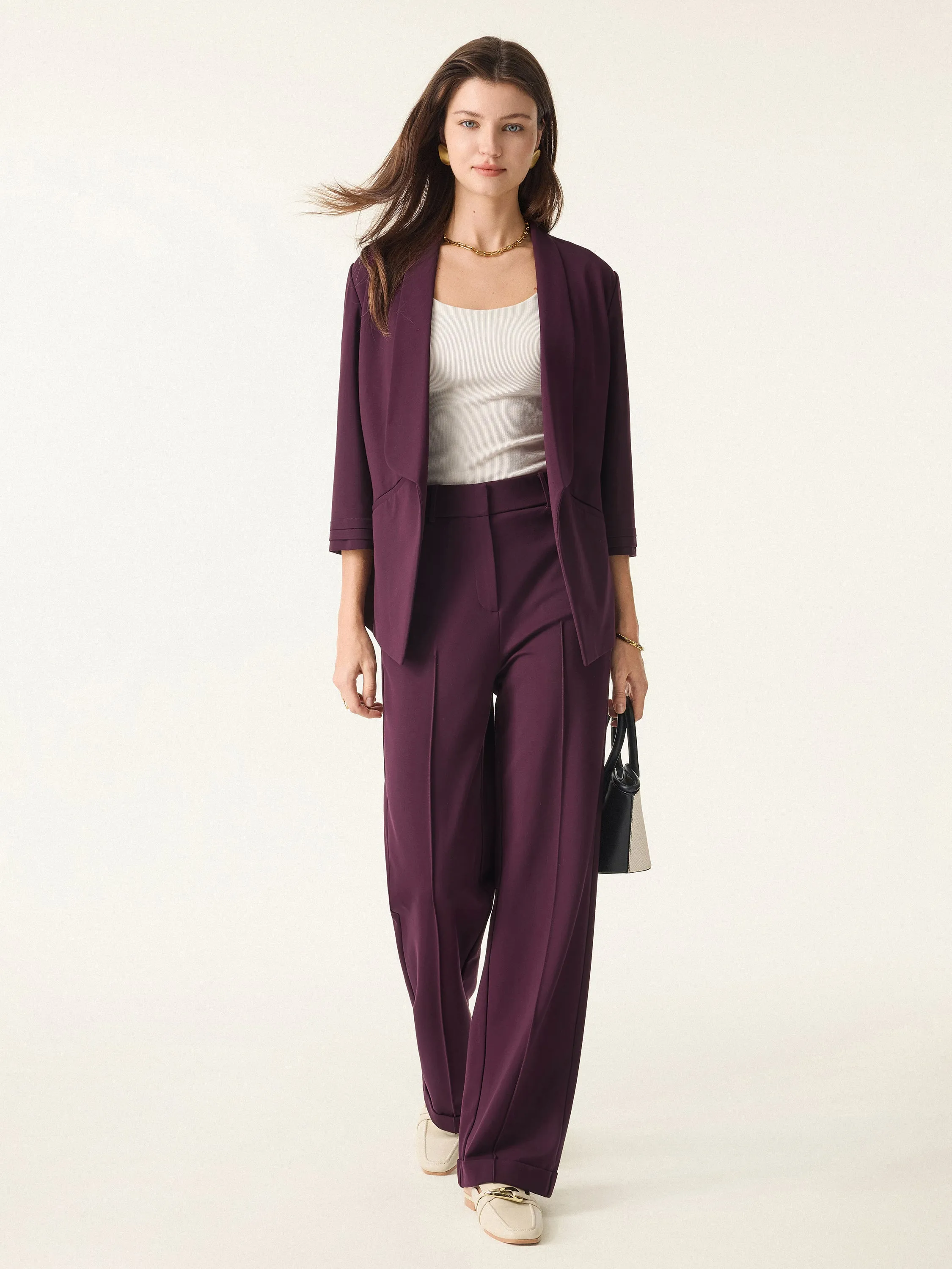 2Pcs Set Shawl Lapel 3/4 Sleeve Blazer with Pockets & High Rise Straight Leg Trousers sold by ogl move
