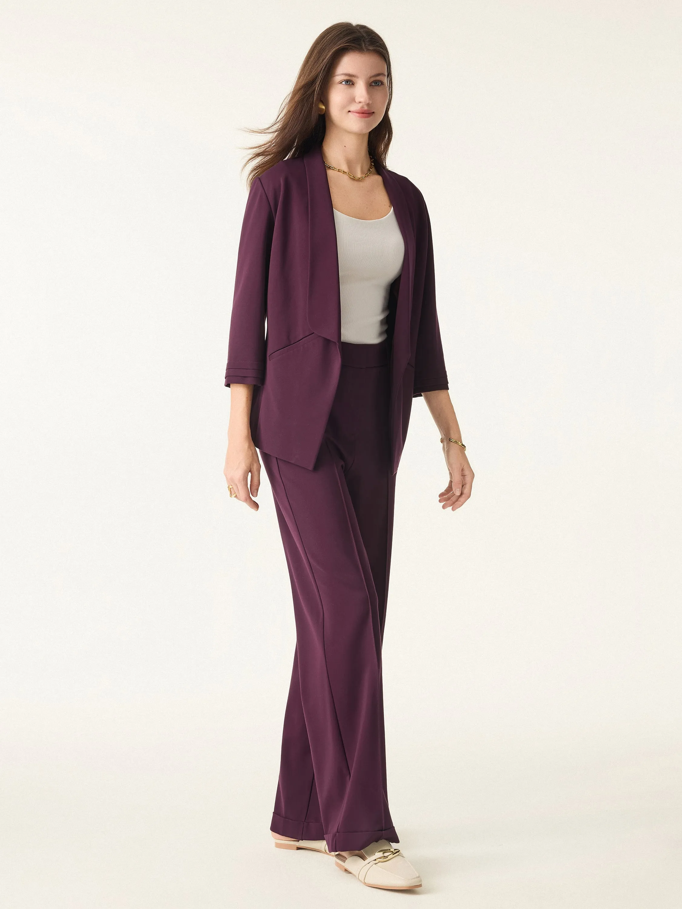 2Pcs Set Shawl Lapel 3/4 Sleeve Blazer with Pockets & High Rise Straight Leg Trousers sold by ogl move product image thumbnail 2