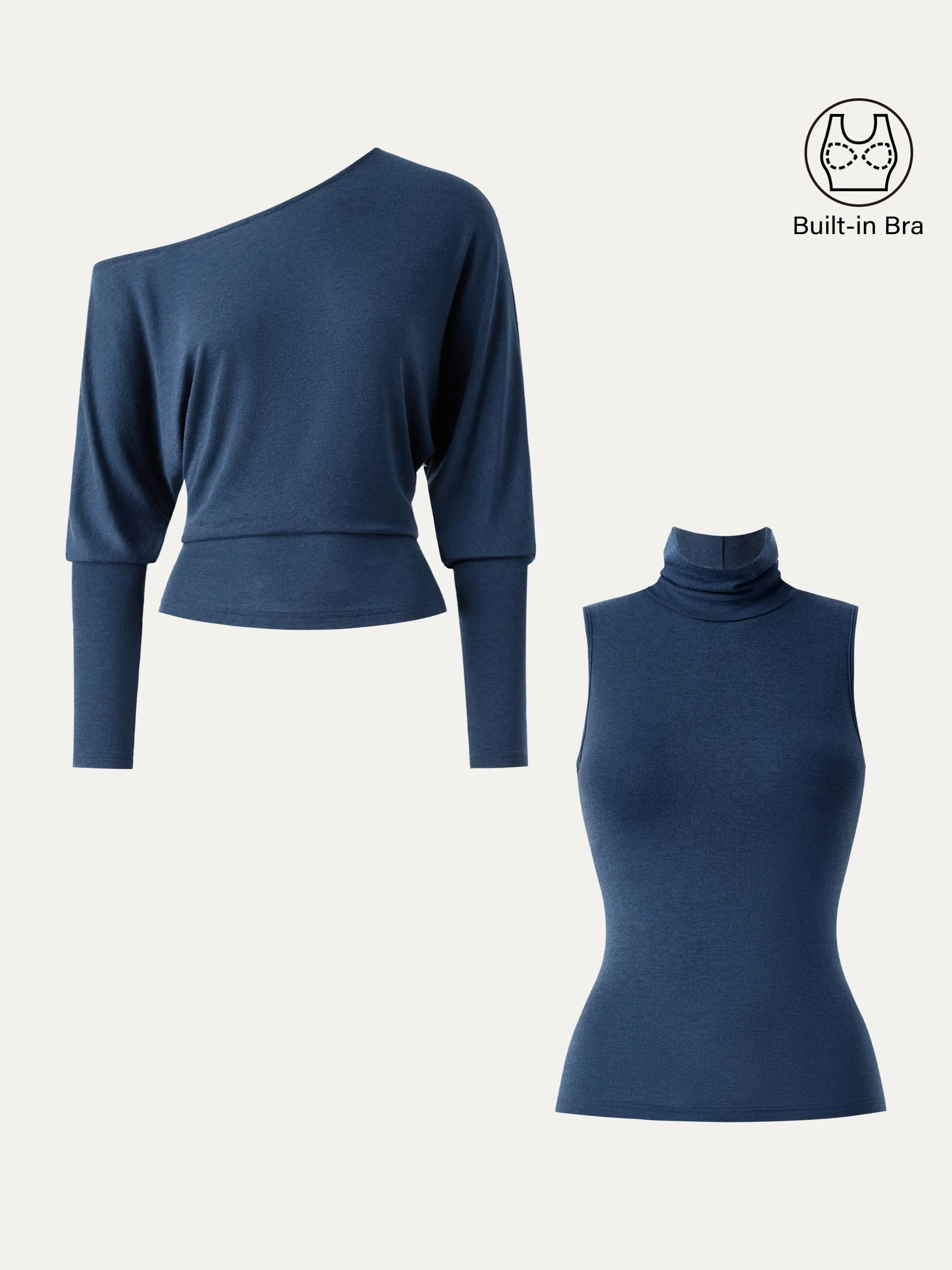 2Pcs Set Lyocell Cashmere Cold-Shoulder Semi-Sheer Top & Turtleneck Brami Tank sold by ogl move product image thumbnail 2