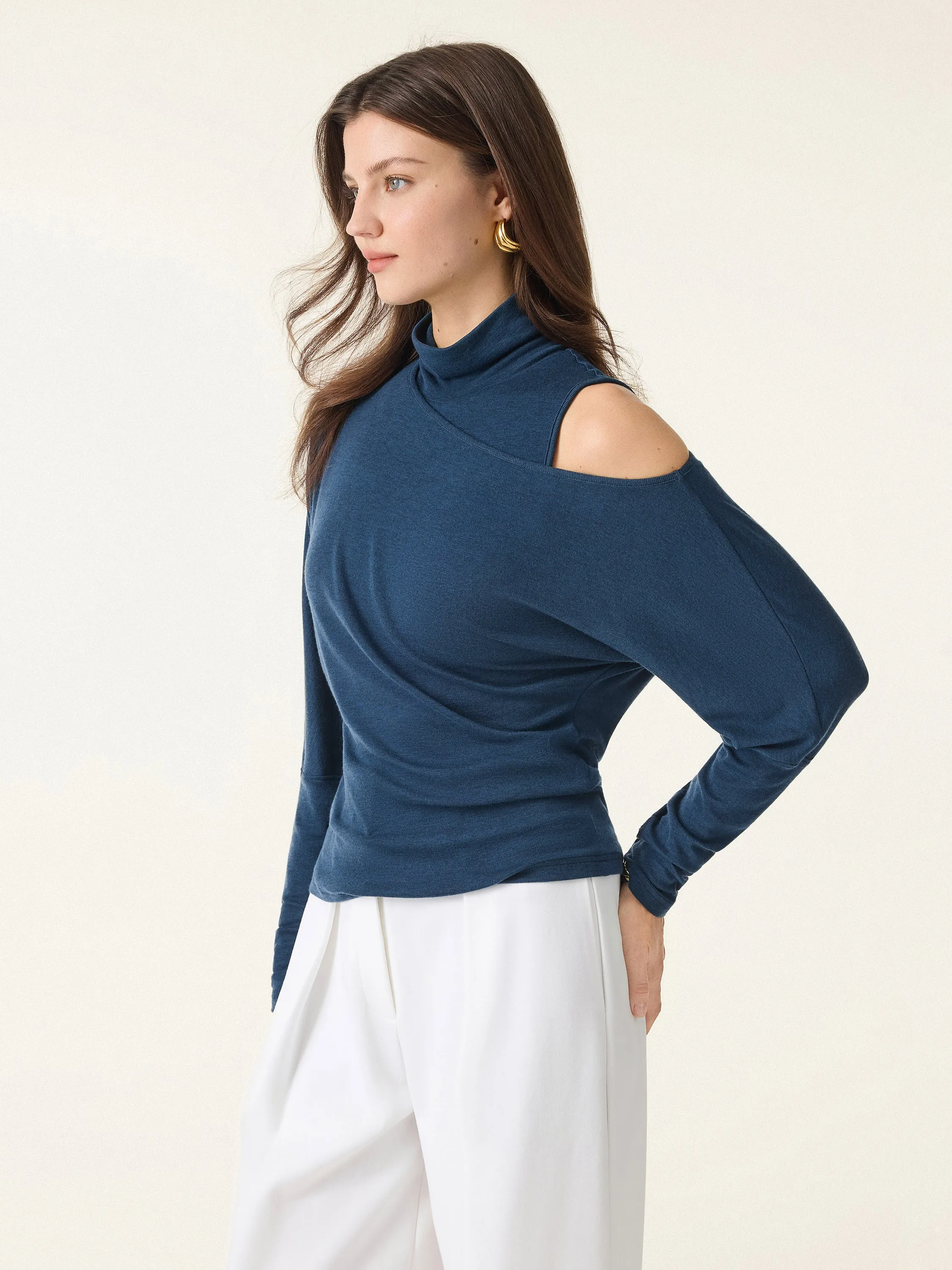 2Pcs Set Lyocell Cashmere Cold-Shoulder Semi-Sheer Top & Turtleneck Brami Tank sold by ogl move product image thumbnail 5