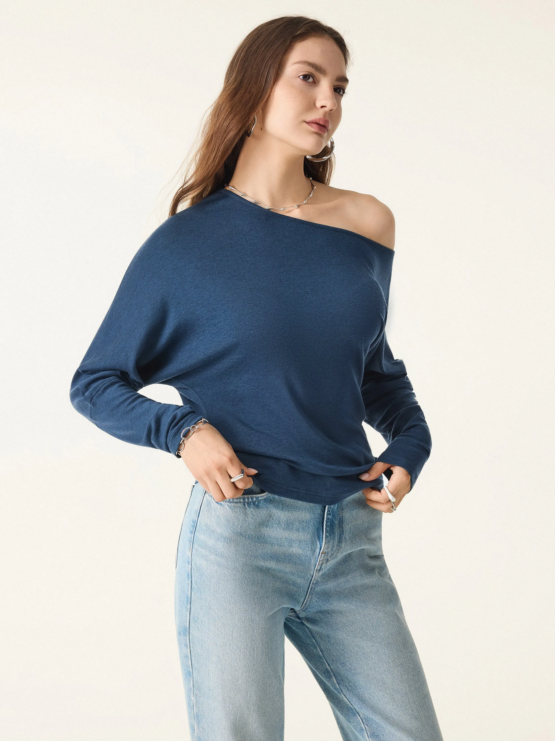 Lyocell Cashmere Cold-Shoulder Semi-Sheer Top sold by OGLmove product image thumbnail 5