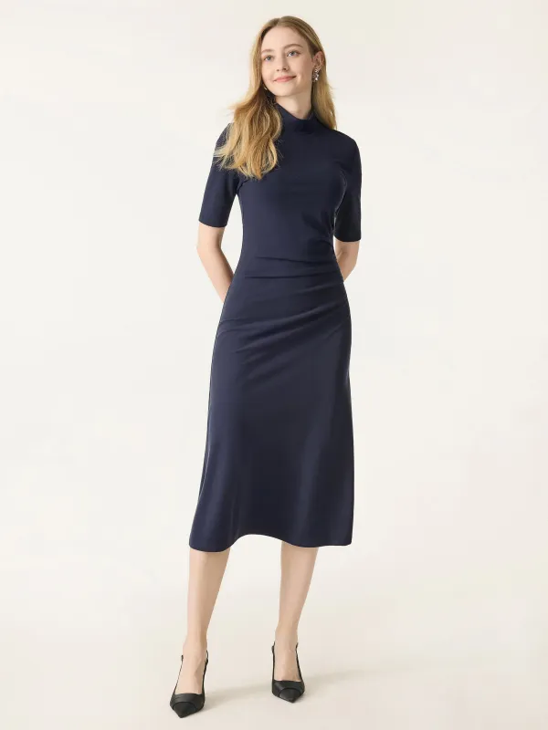 Mockneck Elbow Length Sleeve Tucked Midi Dress sold by OGLmove