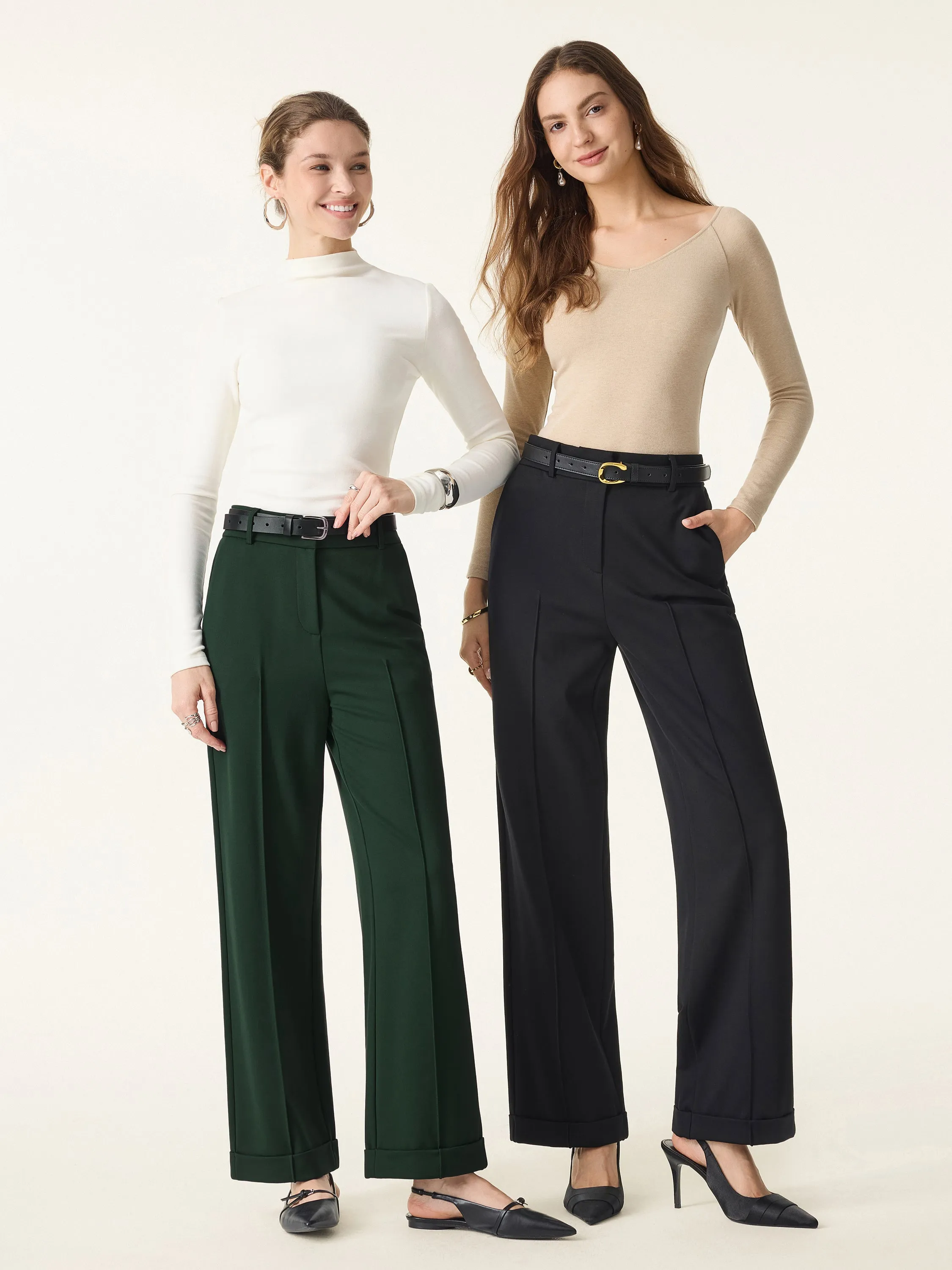 Stretch Ponte High Rise Straight Leg Pintuck Trousers sold by OGLmove product image thumbnail 2