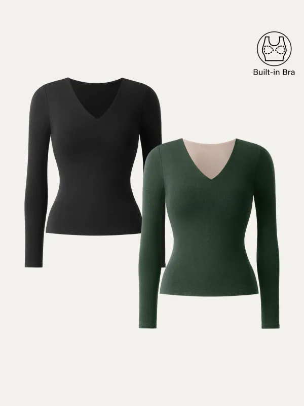 2Pcs Set Stretch Cotton V-Neck Long Sleeve Brami Top sold by ogl move