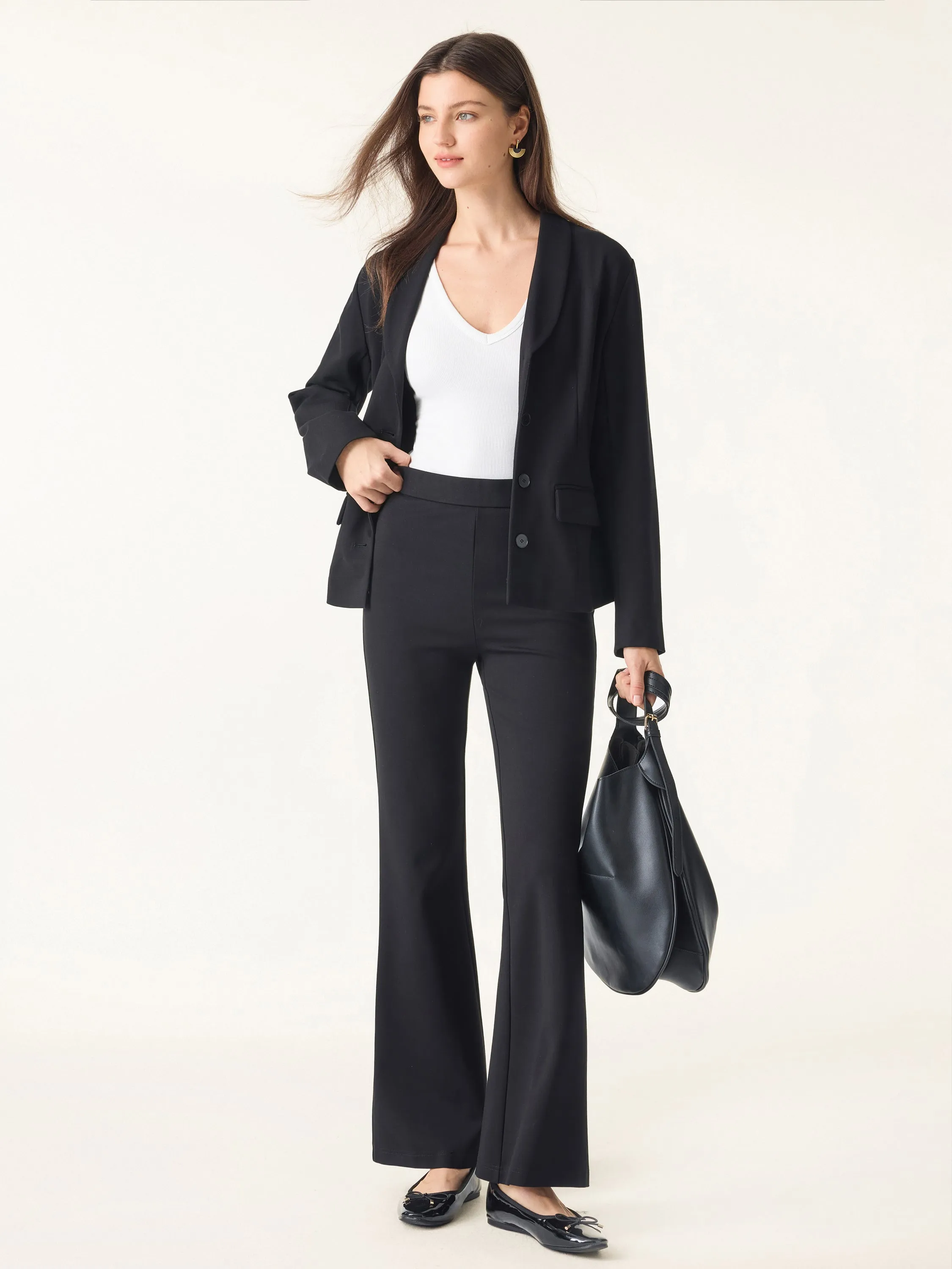 2Pcs Set Shawl Lapel Button Front Blazer & Slimming High Rise Pull-on Flared Pants sold by ogl move product image thumbnail 2