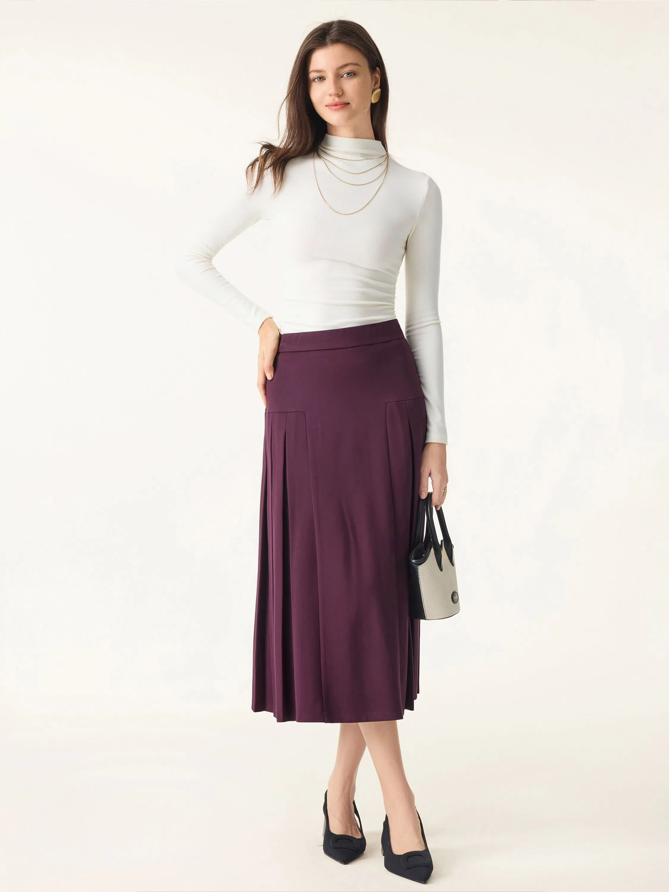 Stretch Ponte Pleated A-line Midi Tailored Skirt sold by ogl move product image thumbnail 4