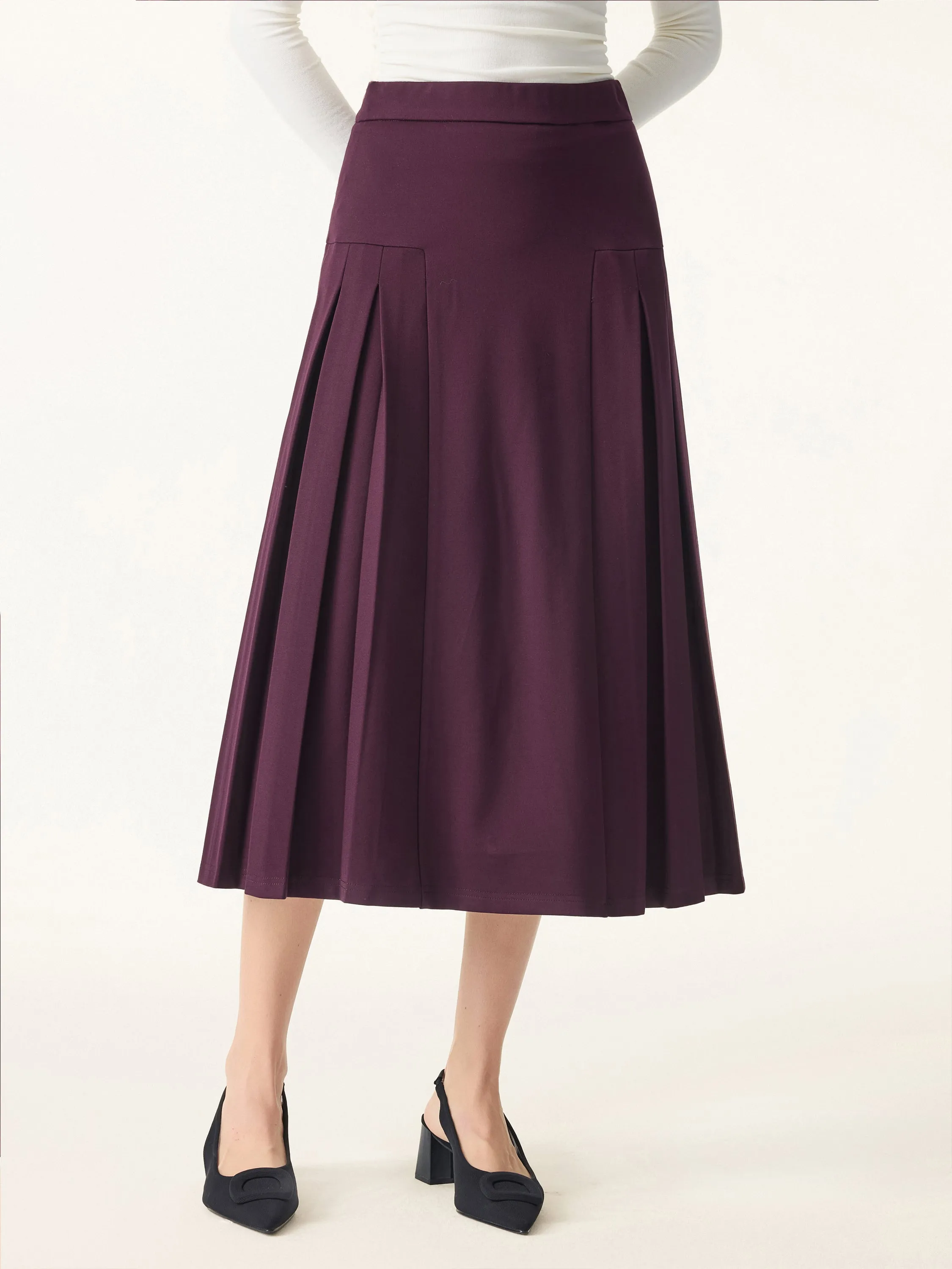 Stretch Ponte Pleated A-line Midi Tailored Skirt sold by ogl move product image thumbnail 5