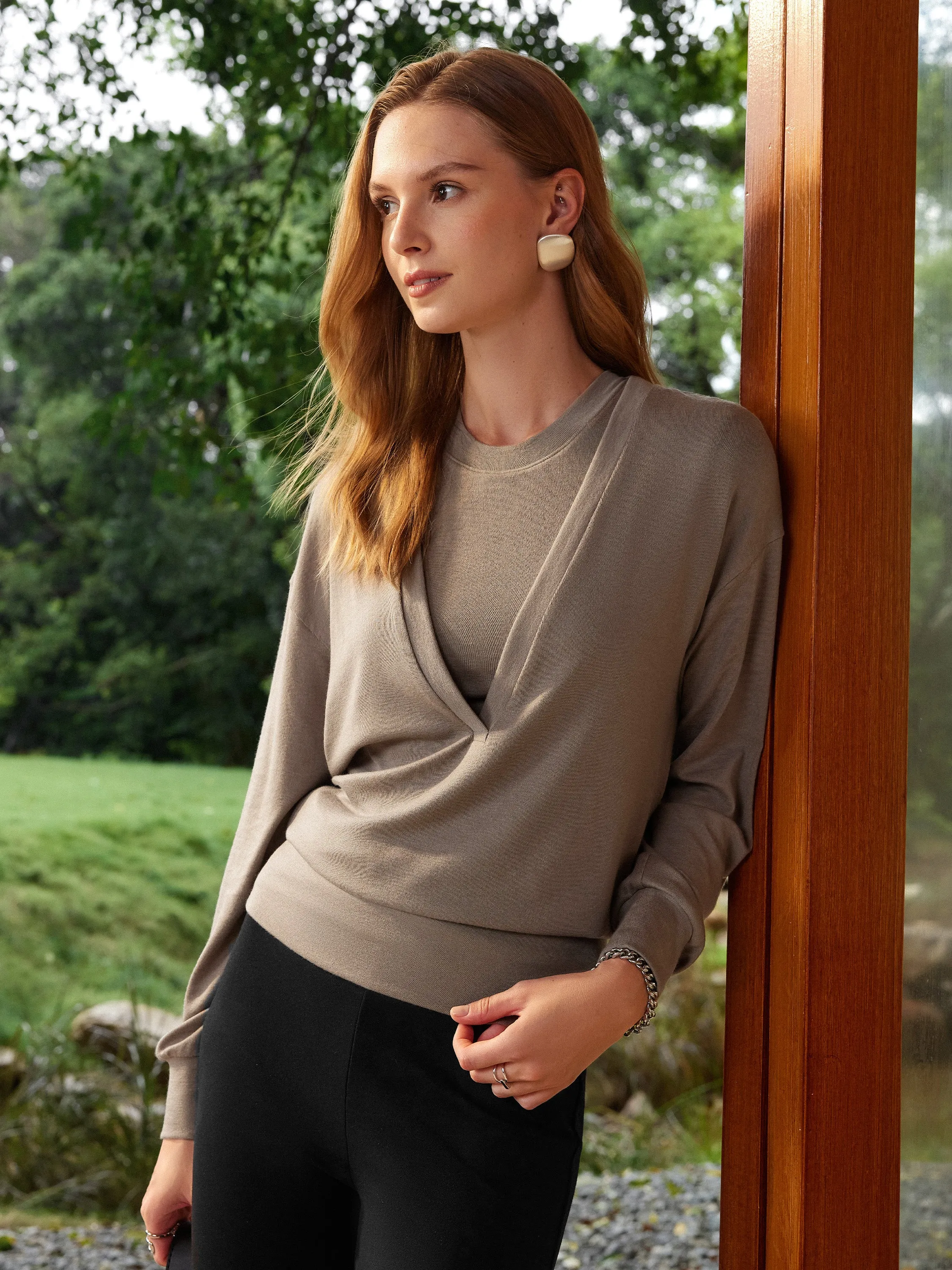 Lyocell Cashmere V-neck Drop Shoulder Top sold by ogl move