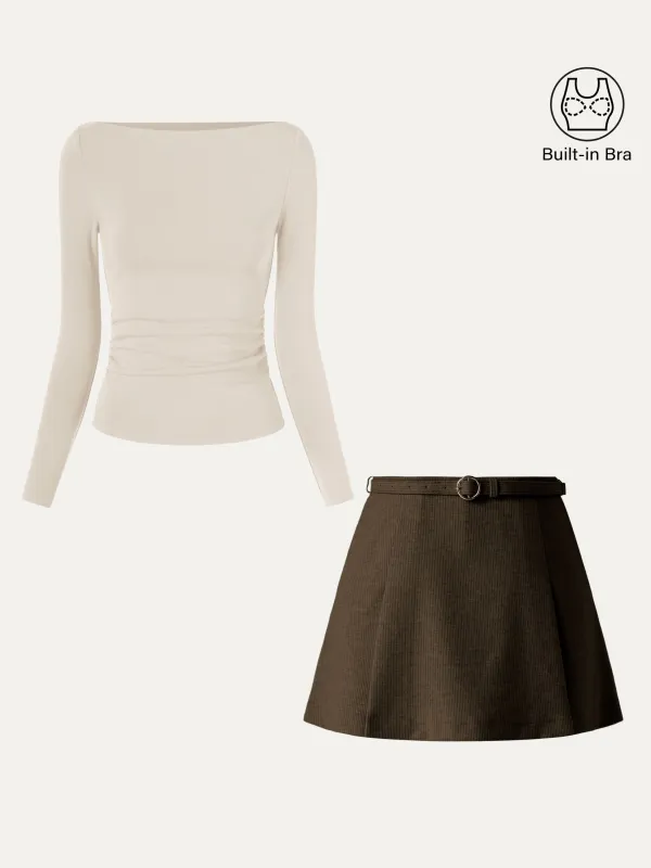 2Pcs Set Side Ruched Boatneck Brami Top & Belted Mini Skirt With Shorts sold by ogl move
