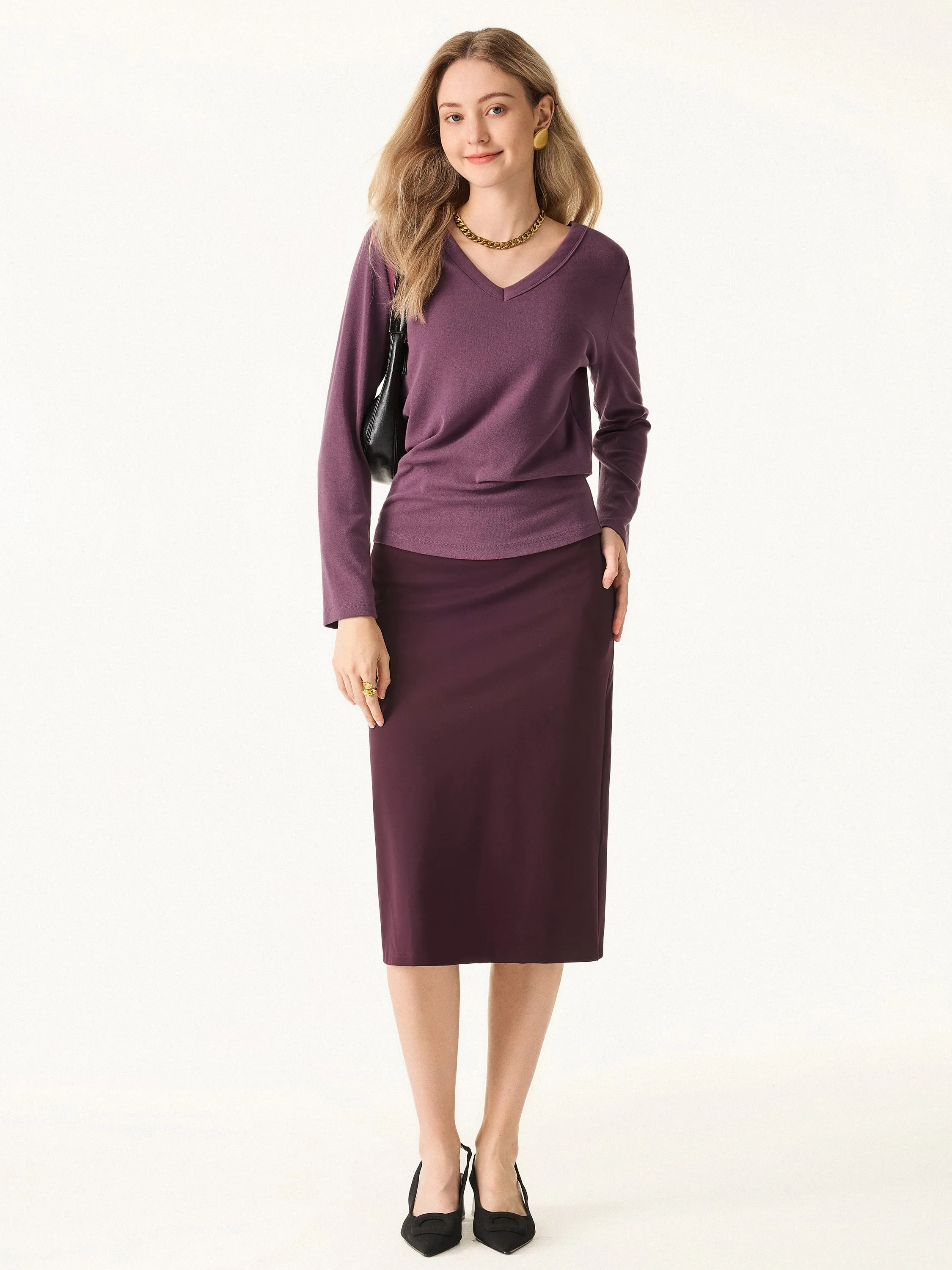 2Pcs Set V-neck Long Sleeve Top & A-line Midi Skirt with Zippered Pockets sold by ogl move