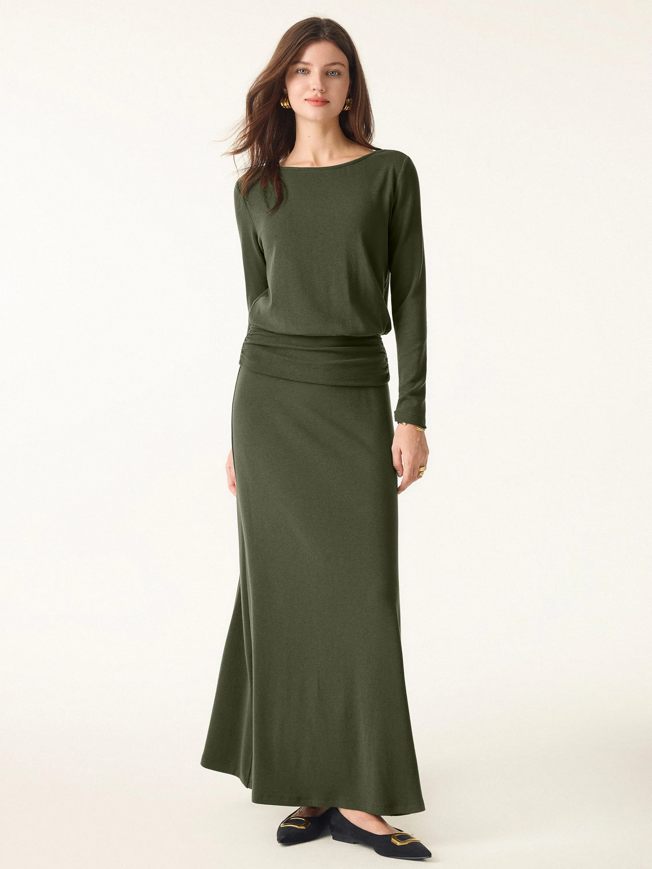 2Pcs Set Light Warm Round Neck Side Ruched Top & Pull-on Circle Flared Maxi Skirt sold by OGLmove