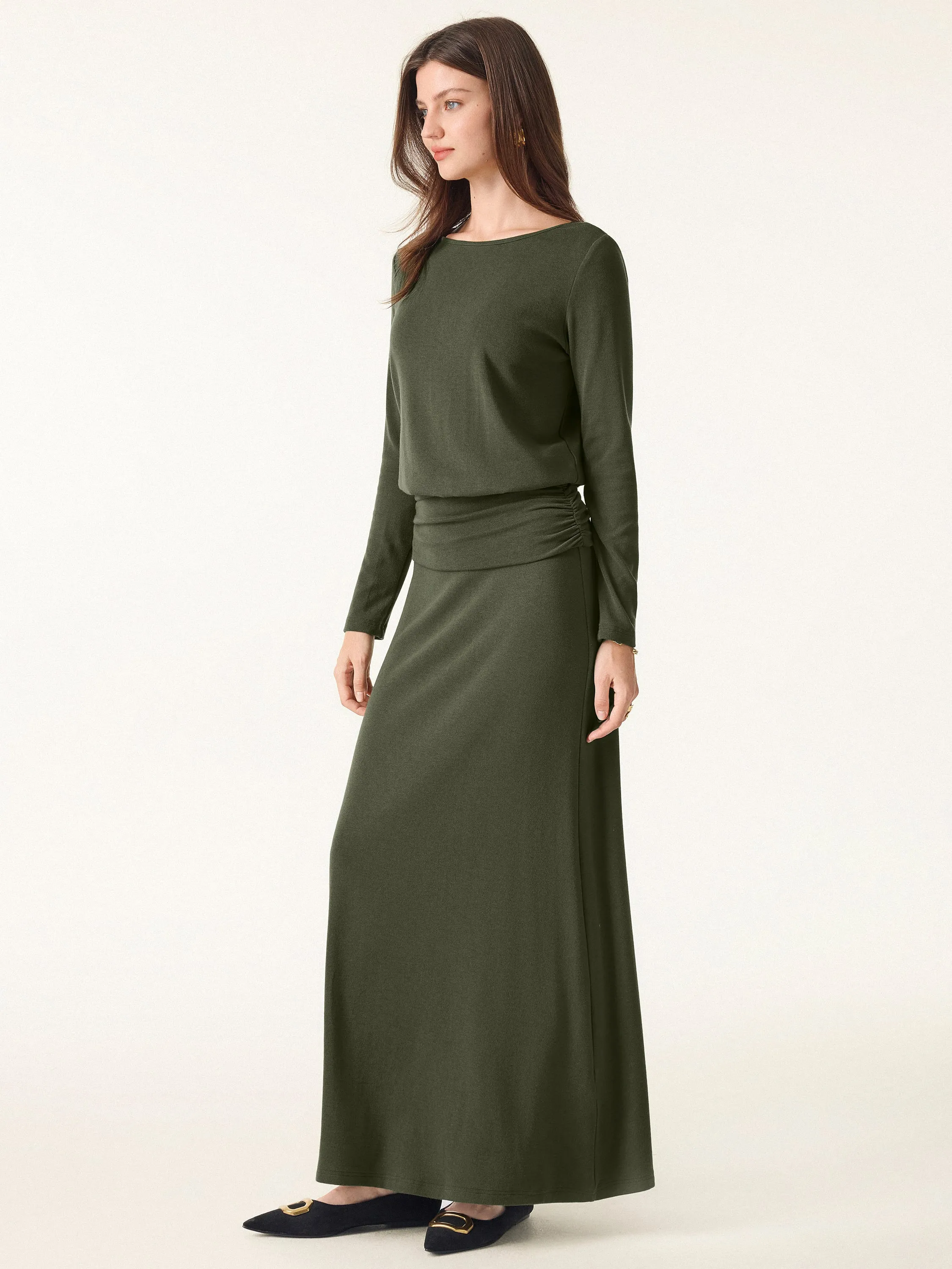 2Pcs Set Light Warm Round Neck Side Ruched Top & Pull-on Circle Flared Maxi Skirt sold by OGLmove product image thumbnail 4