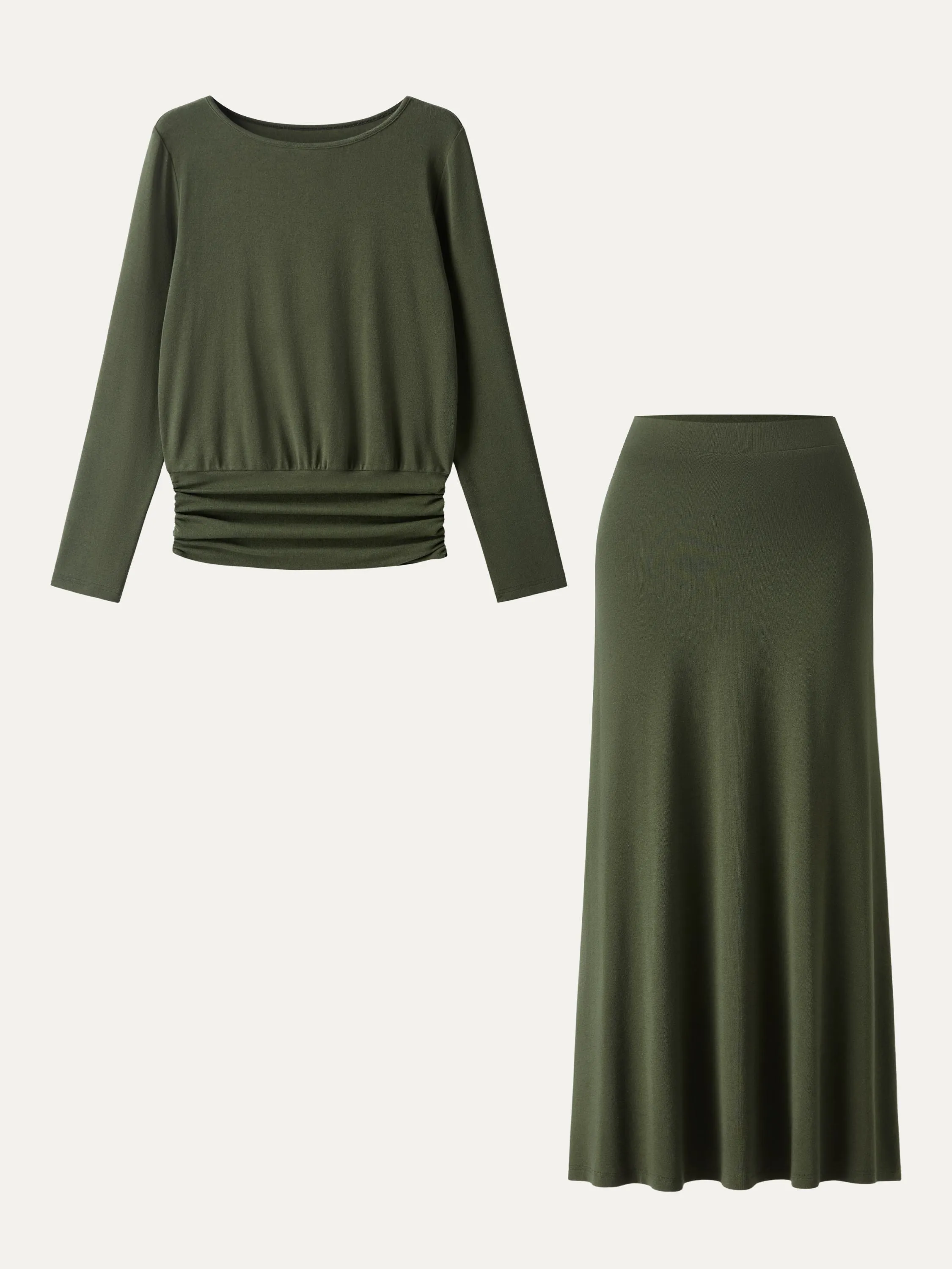 2Pcs Set Light Warm Round Neck Side Ruched Top & Pull-on Circle Flared Maxi Skirt sold by OGLmove product image thumbnail 2