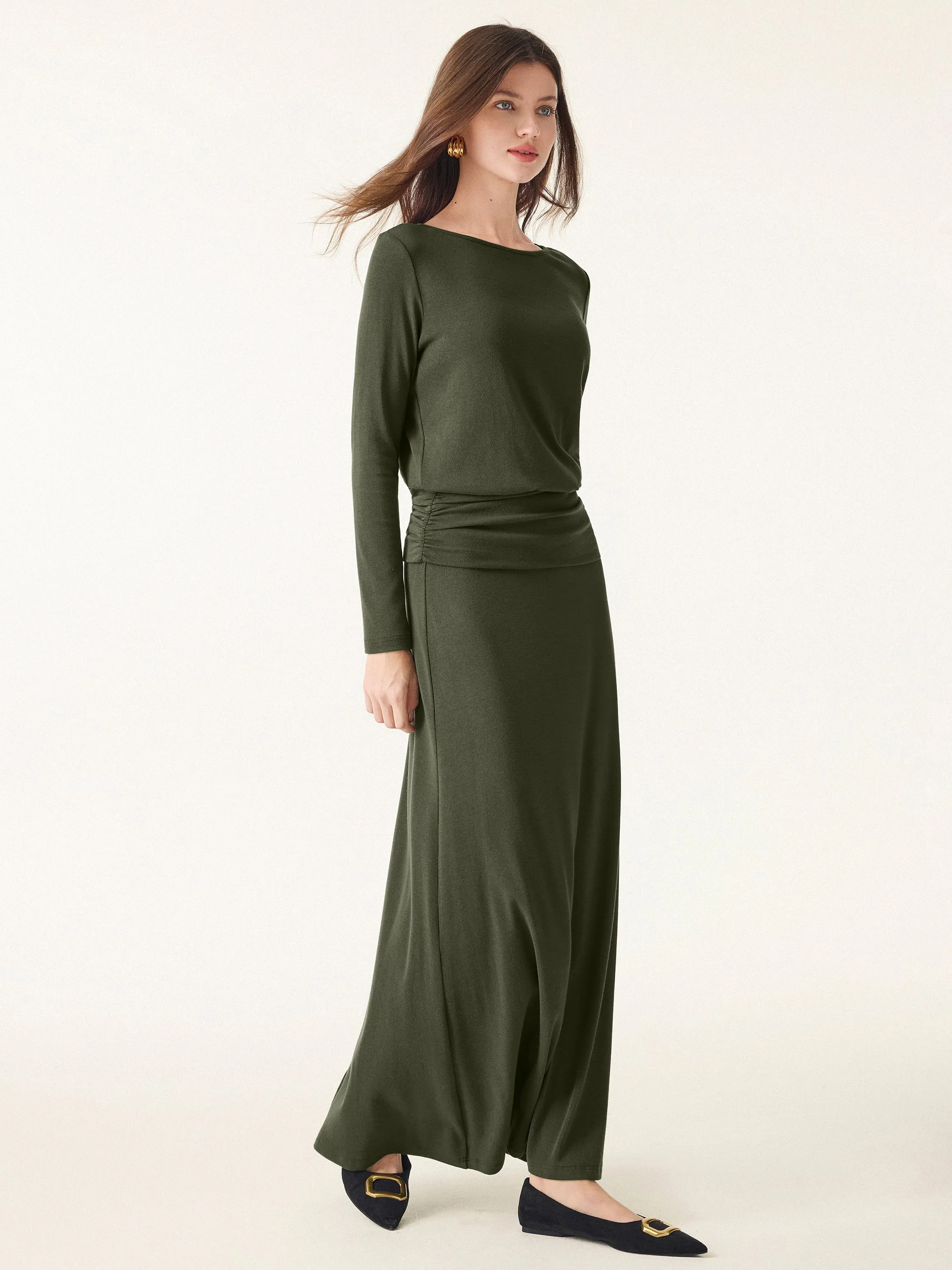 2Pcs Set Light Warm Round Neck Side Ruched Top & Pull-on Circle Flared Maxi Skirt sold by OGLmove product image thumbnail 3