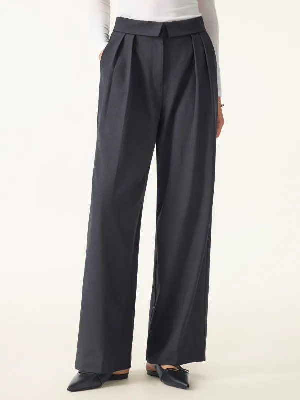 Fold-Over Pleated Midi Rise Wide Leg Trousers with Pockets sold by ogl move
