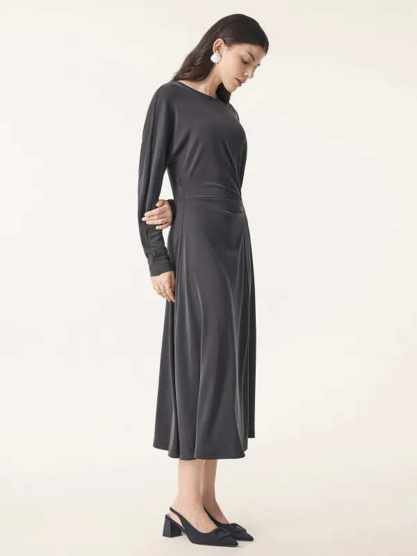 Sandwashed Round Neck Batwing Sleeve Side Tucked Midi Dress sold by ogl move