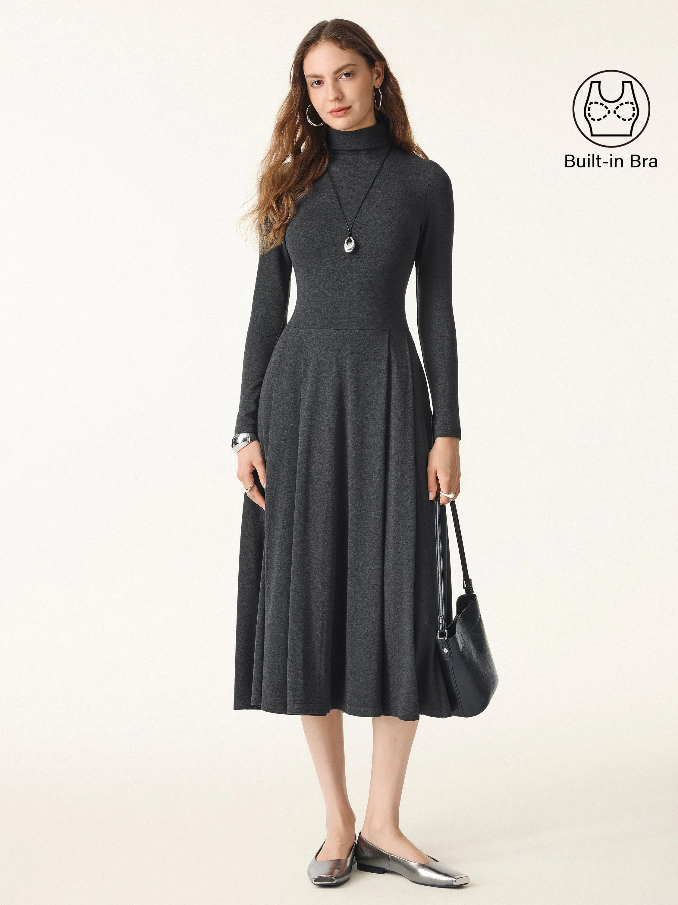 Light Warm Mockneck Pleated Midi Brami Dress with Pockets sold by OGLmove product image thumbnail 4