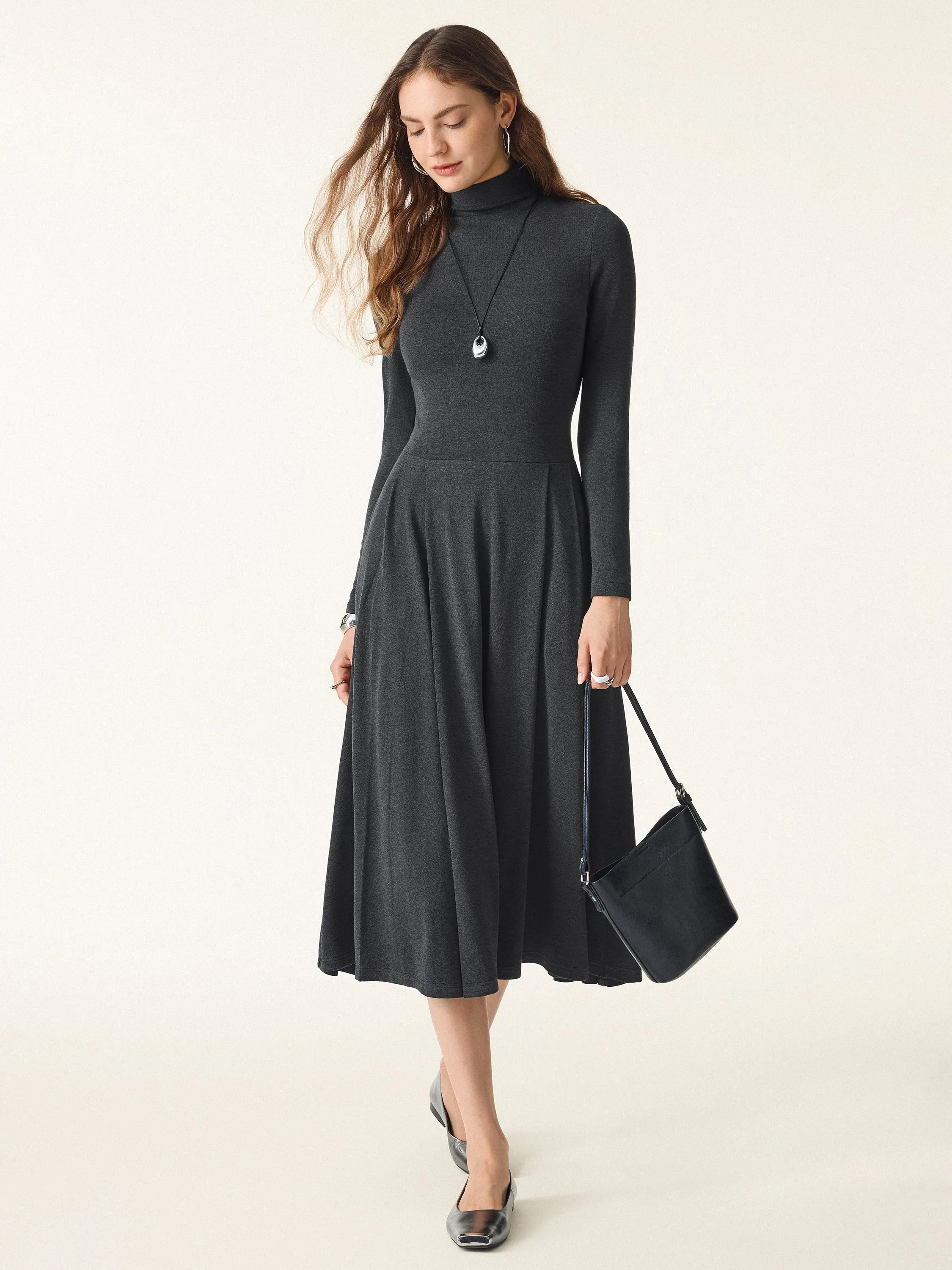 Light Warm Mockneck Pleated Midi Brami Dress with Pockets sold by OGLmove product image thumbnail 3