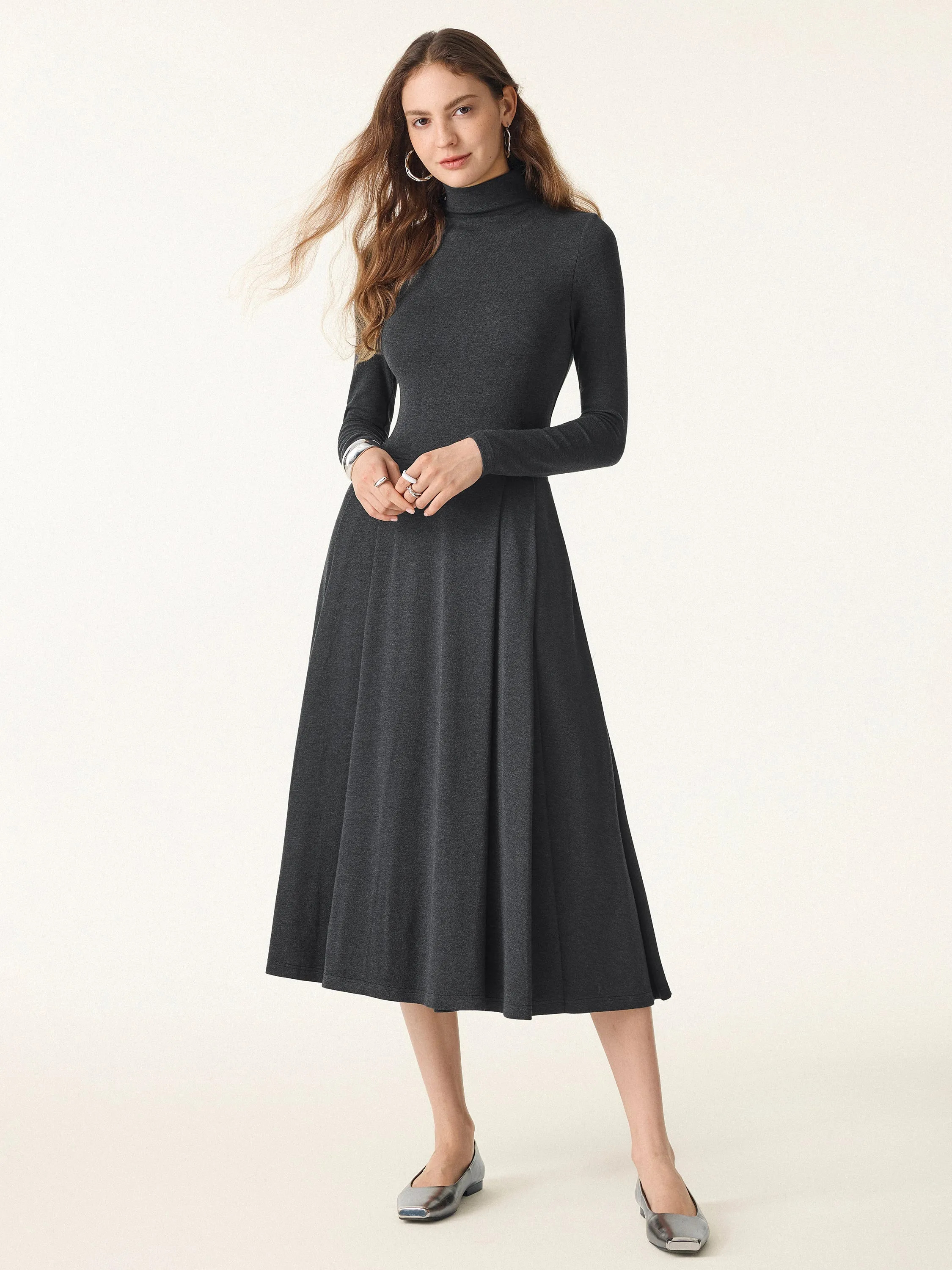 Light Warm Mockneck Pleated Midi Brami Dress with Pockets sold by OGLmove product image thumbnail 5