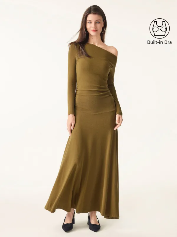 Asymmetrical Shoulder Side Ruched Ankled Maxi Dress sold by OGLmove