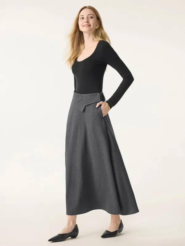 Wrinkle-Resistant Fold-Down Waist Midi Skirt with Pockets sold by ogl move