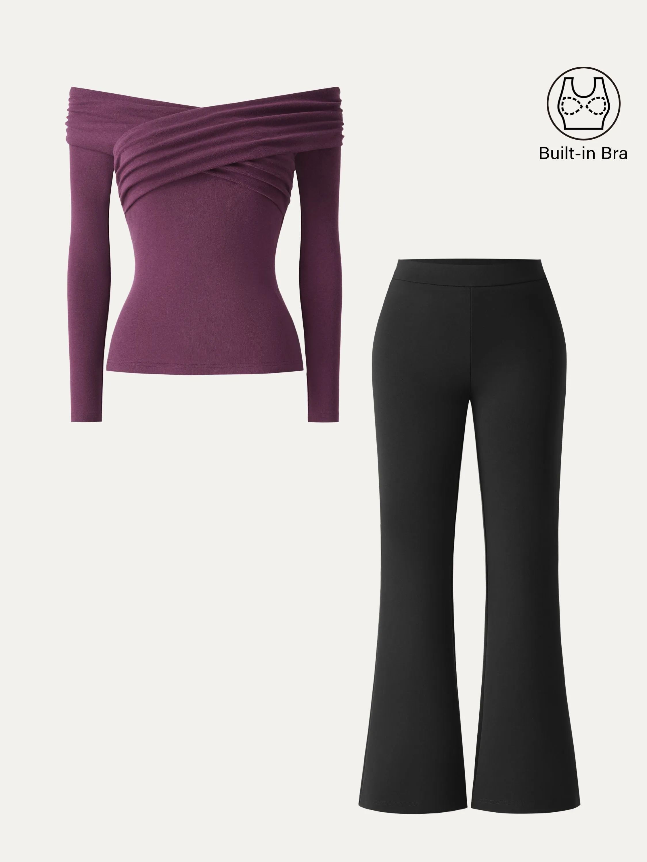 2Pcs Set Criss Cross Off-Shoulder Brami & High Rise Pull-on Flared Petite Pants sold by ogl move