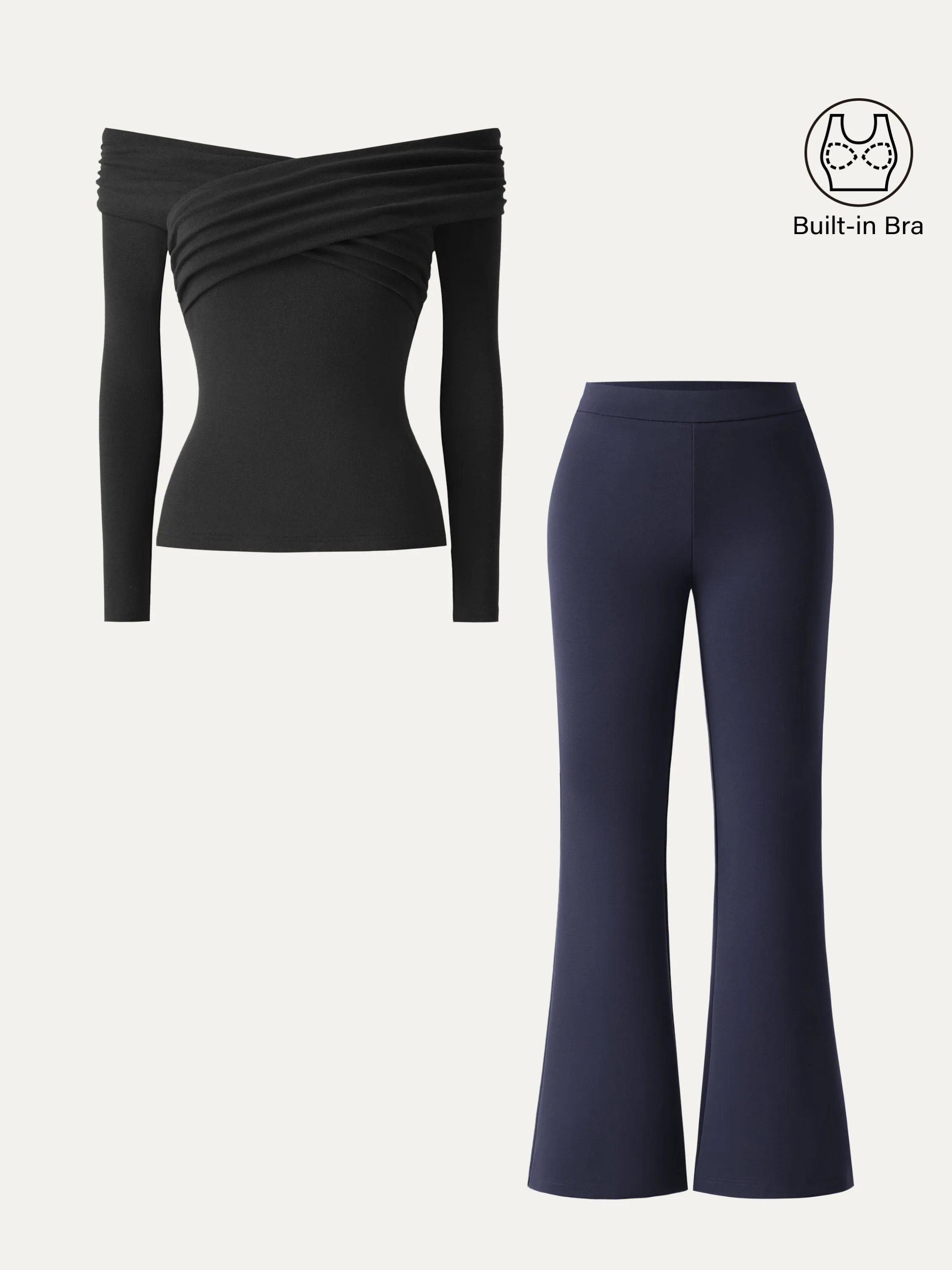 2Pcs Set Criss Cross Off-Shoulder Brami & High Rise Pull-on Flared Petite Pants sold by ogl move product image thumbnail 3