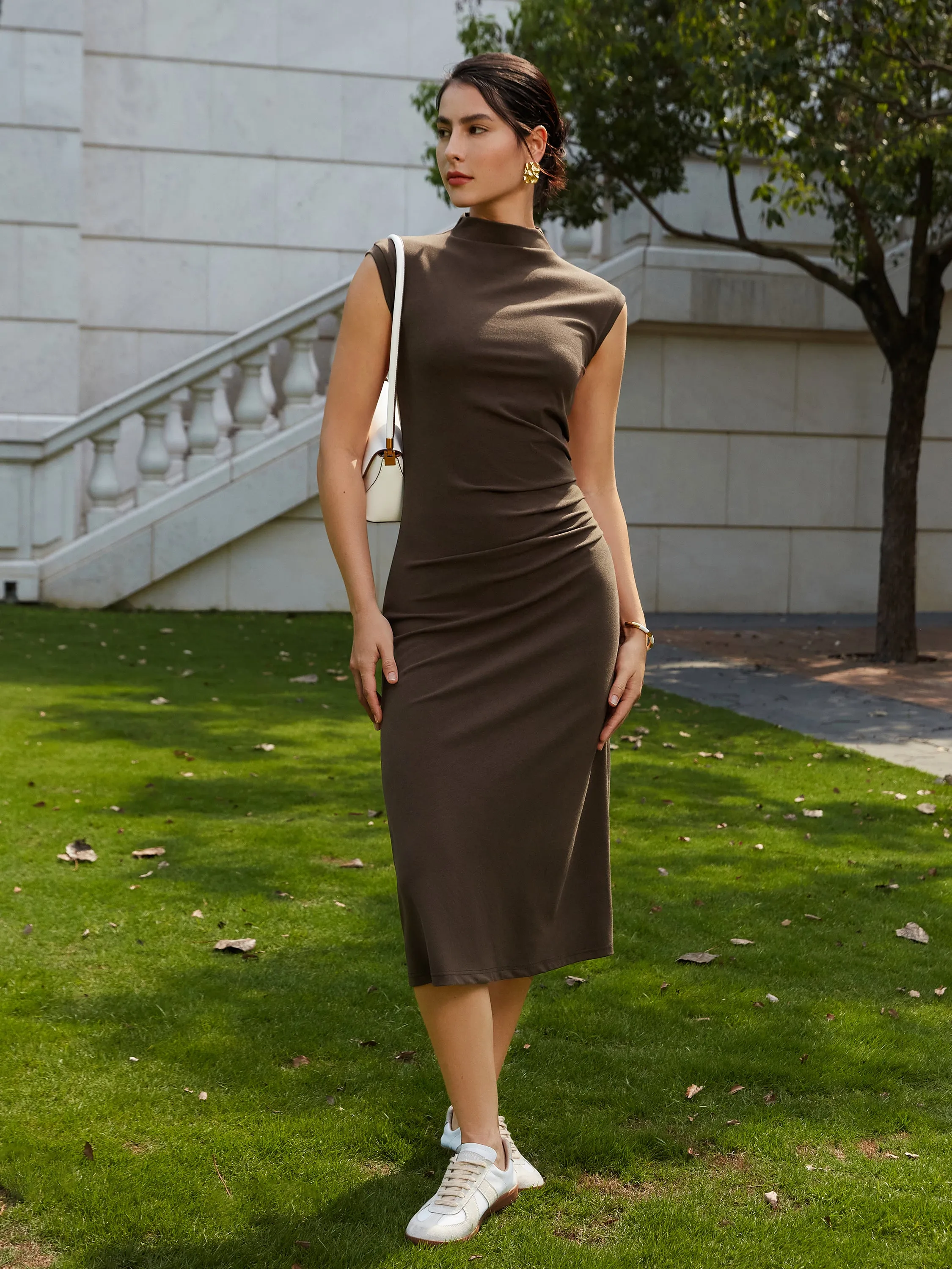 Mockneck Tucks Midi Dress sold by OGLmove product image thumbnail 5