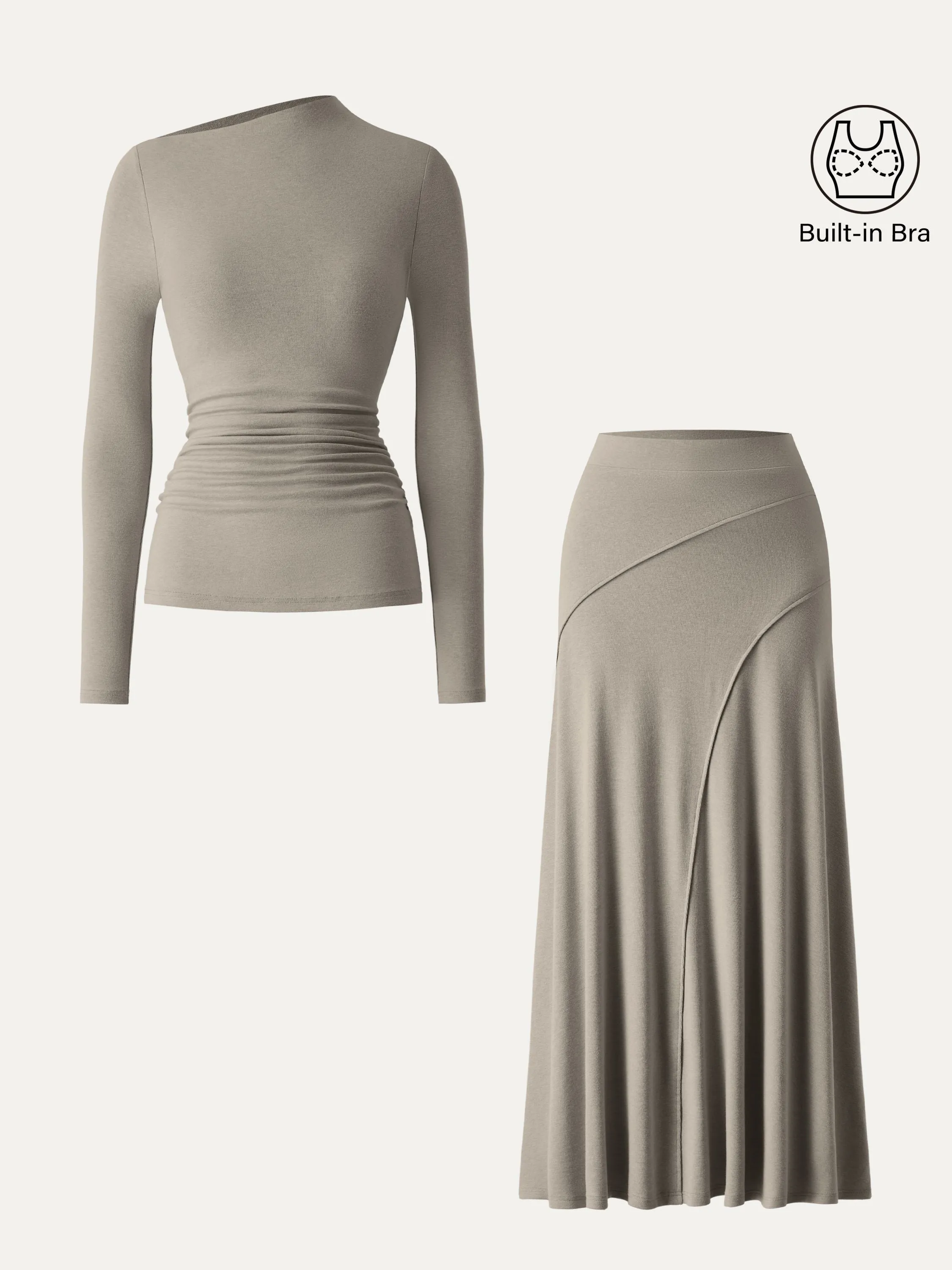 2Pcs Set Slanted Mockneck Ruched Brami & Mid Rise Pull-on Flared Maxi Skirt sold by OGLmove product image thumbnail 5